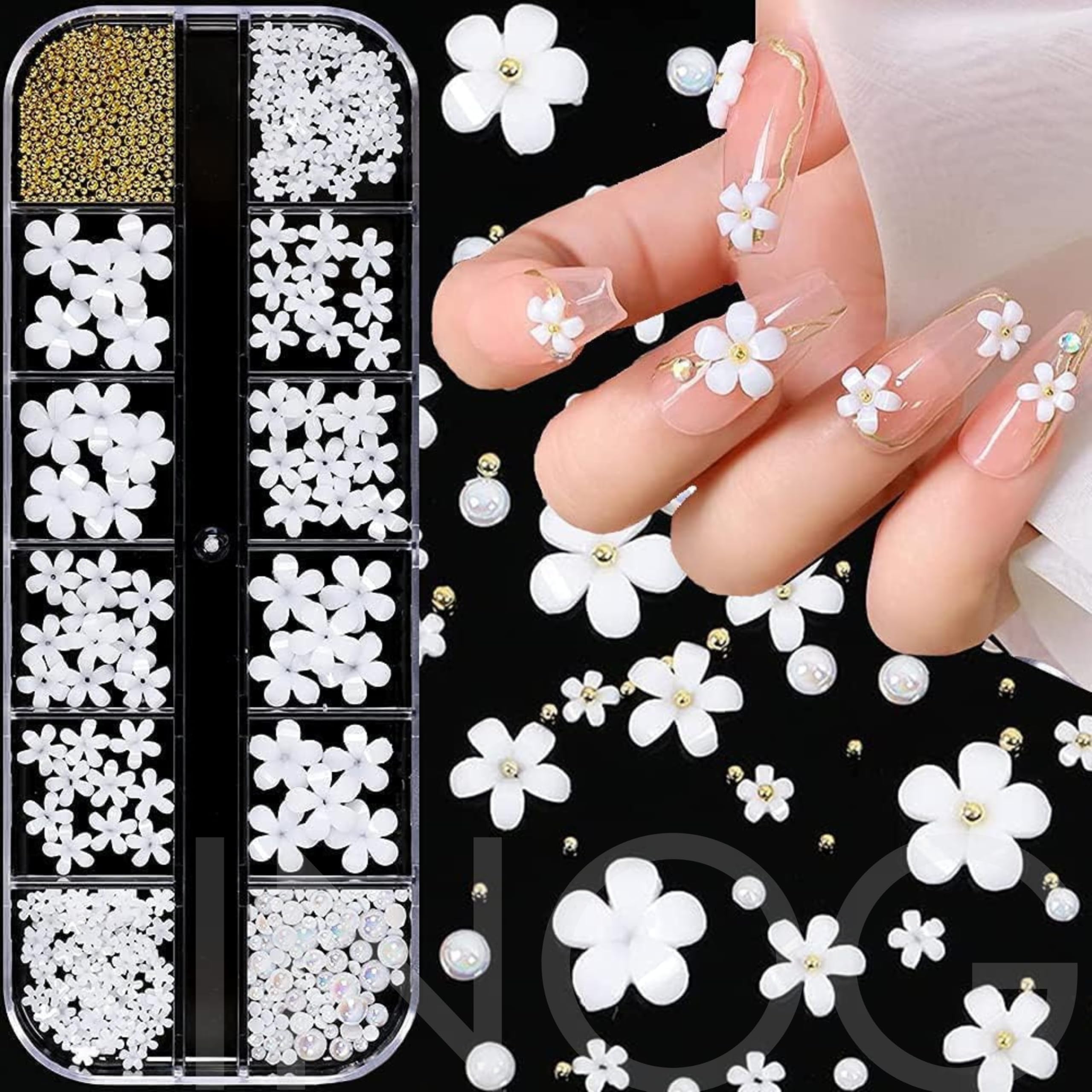 3D Flower Nail Art Charms, 250pcs White Flowers Rhinestones Kit, Crystal Pearls Flat Design Acrylic Studs Manicures Accessories for Women Girls-image-46