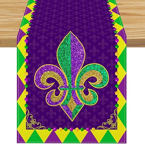 FARMNALL Camino de mesa de lino Mardi Gras para carnaval de Brasil New Orleans Fat Tuesday mantel para fiesta de máscaras decoraciones y suministros