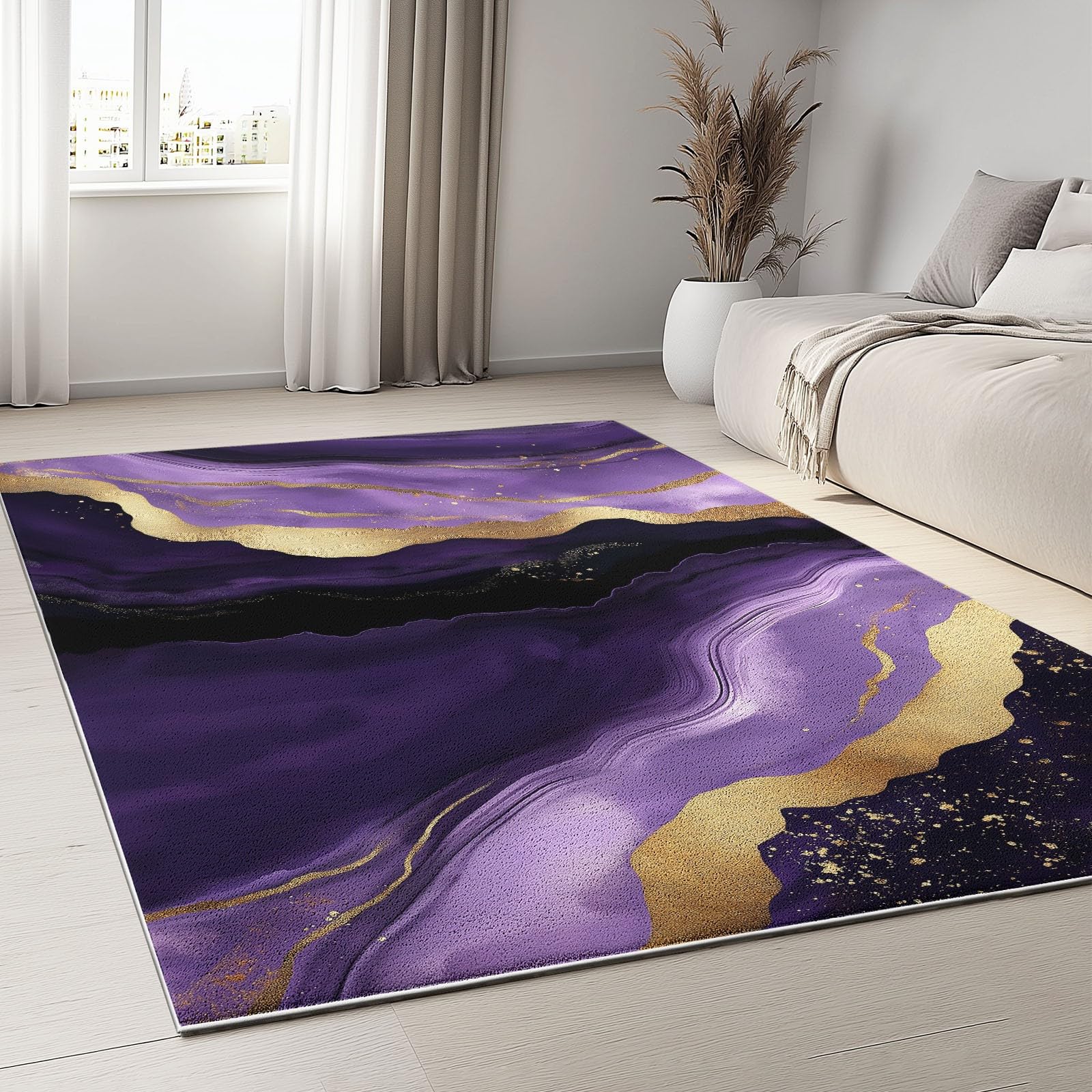 Kwadratowy dywan, 160 x 230 cm, do salonu, sypialni, pod łóżko, mata do biura, dekoracja, akwarela, fioletowy, agat, geoda, zmywalny, miękki, sztuczny krótki runo, antypoślizgowy, antypoślizgowy,