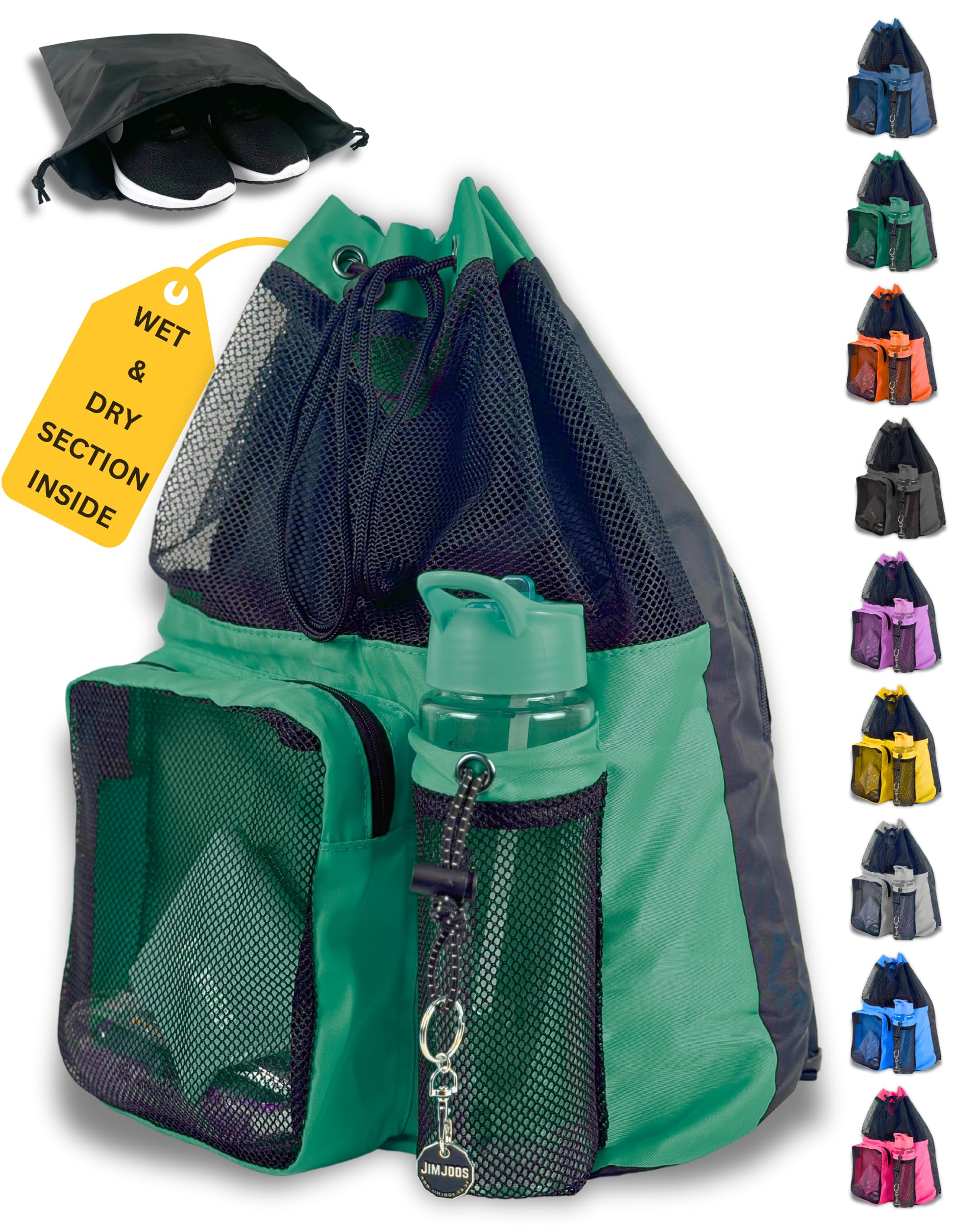 JIMJOOS Drawstring Mesh Swimming Bag - 25L Waterproof Swim Bag with Wet/Dry Compartment, Multifunctional Sports Backpack for Kids, Adults, Swimming, Surfing, Beach, Gym (Green)
