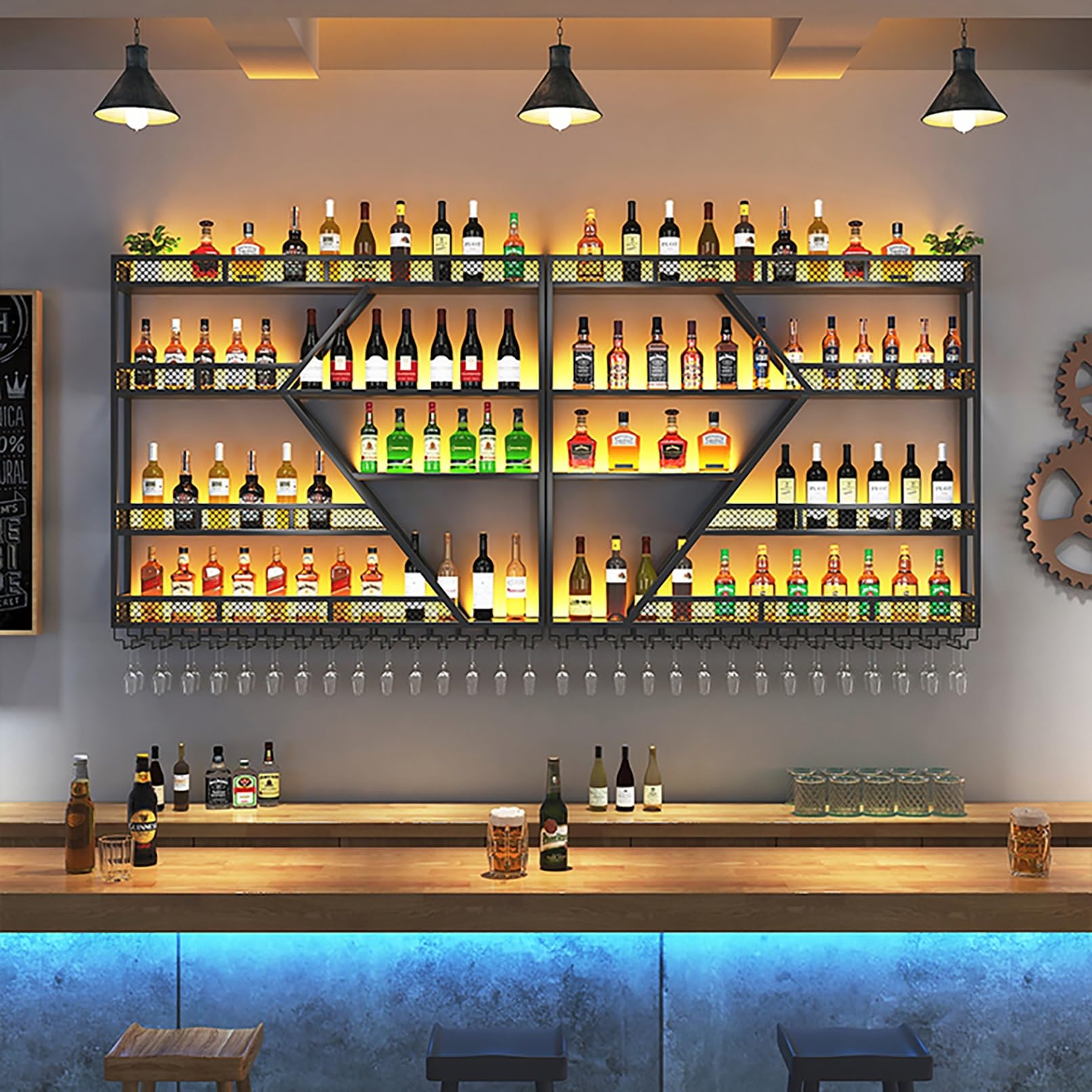 Estante de vino montado en la pared con luz LED, soporte de exhibición de hierro para almacenamiento de botellas y copas - Estantería flotante para barra