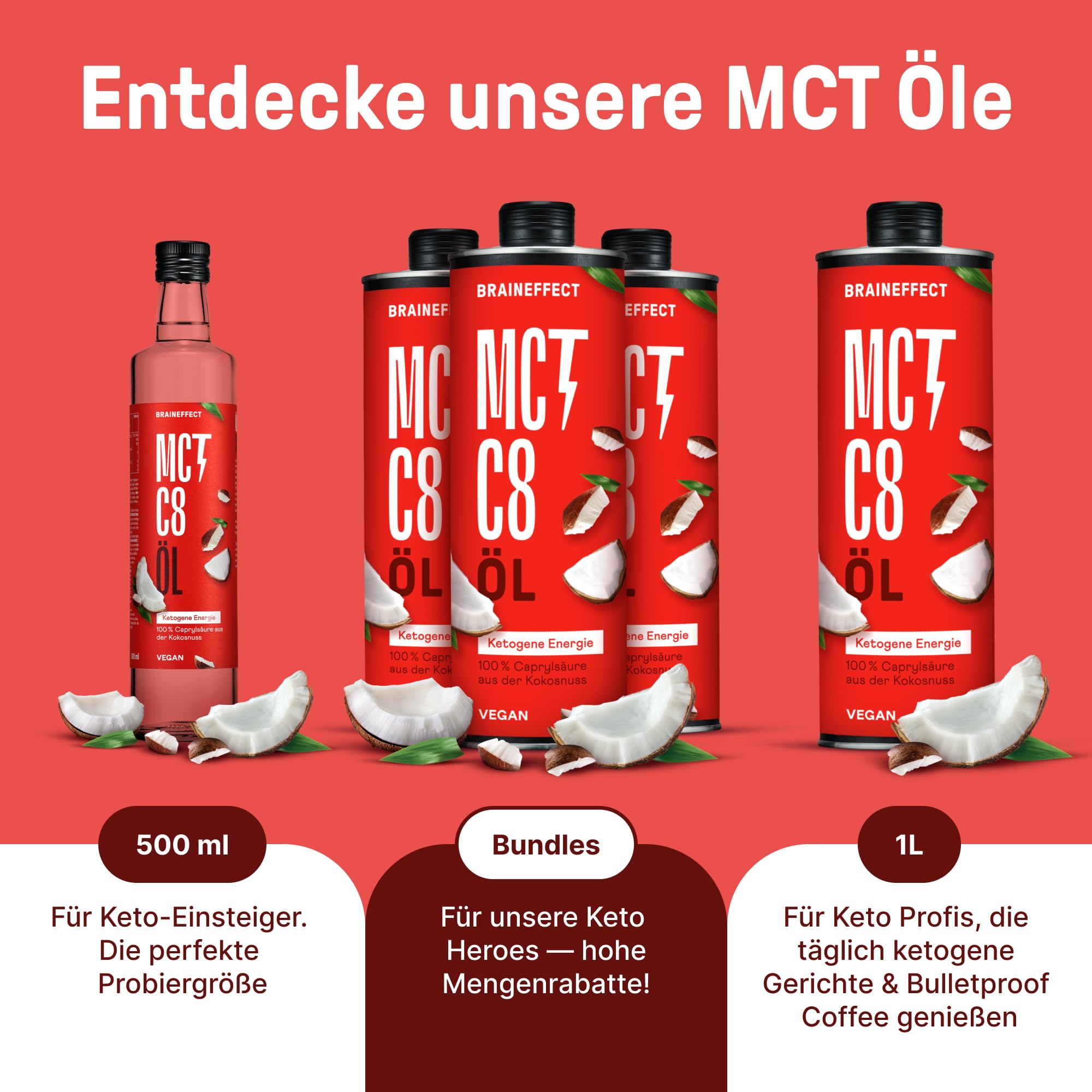 BRAINEFFECT MCT-Öl C8 BUNDLE (2 * 500ml) - Bildet 300% mehr Ketone als andere MCT-Öle (100% C8) - Ketogene Ernährung - Reiner Extrakt aus Kokosnussöl - Ideal für ketogene Diät & Bulletproof Coffee