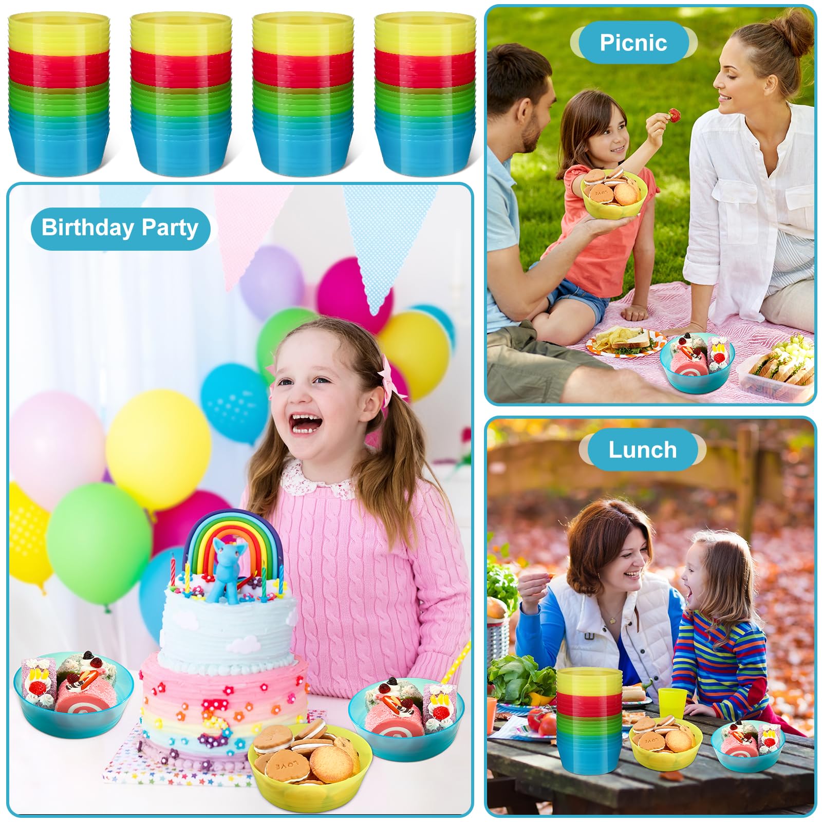 Dandat Juego de 96 cuencos de plástico de 14 onzas, cuencos de plástico de colores brillantes para cereales, aptos para lavavajillas, microondas, cuencos para aperitivos, cuencos para niños,