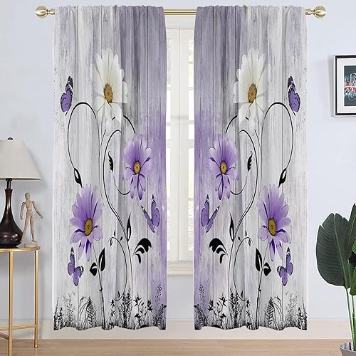 Miniatura 27 de AAtter Cortinas florales amarillas para ventana de cocina, diseño abstracto de margaritas blancas botánicas, pequeñas y cortas, para el hogar, sala