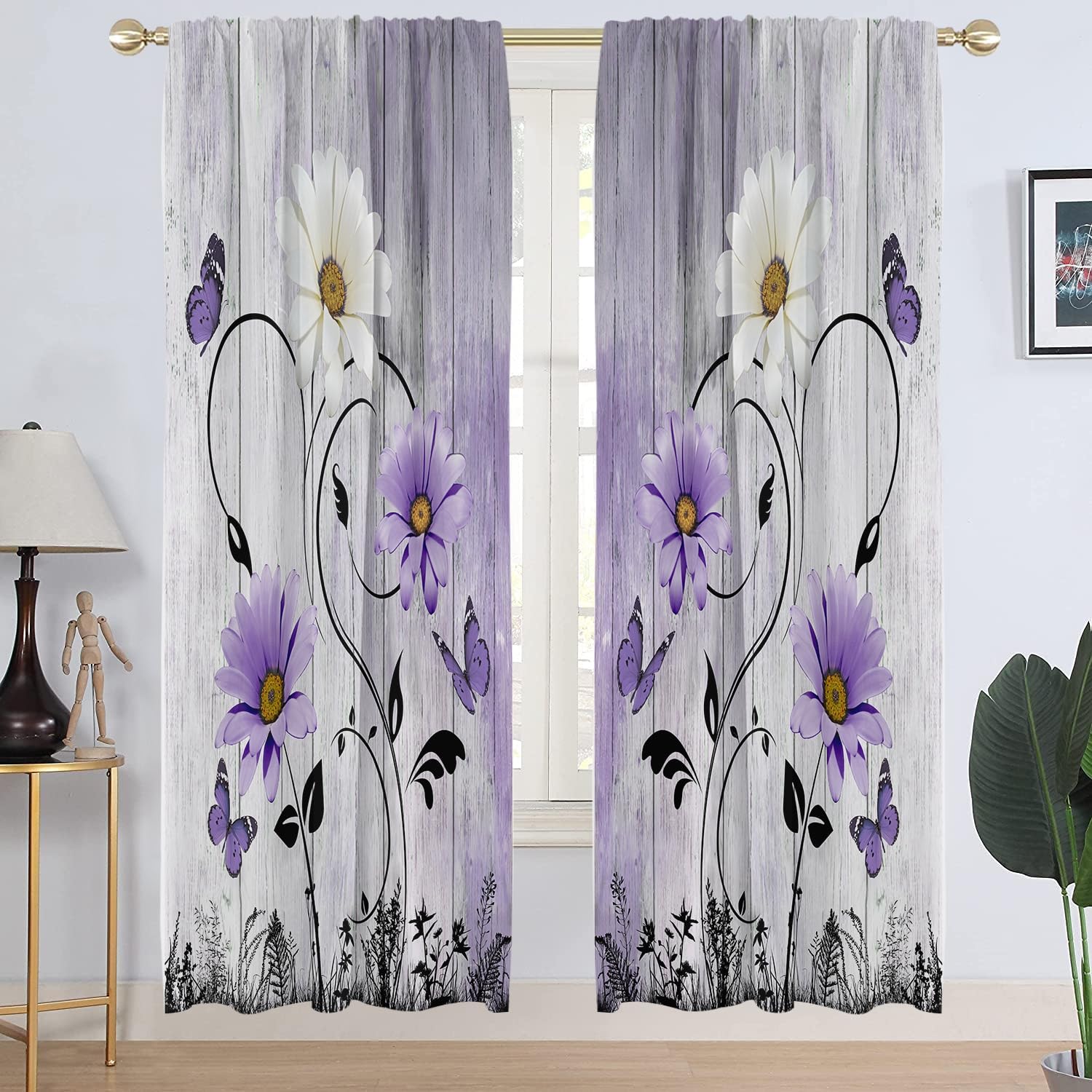 AAtter Purple Floral Window Curtain Lavender Lilac Rustic Flowers Country Butterfly White Daisy Abstract Long Wide Living Room Bedroom Window Drapes Treatment Fabric 1 Pair, 52" W x 84" L, Wooden