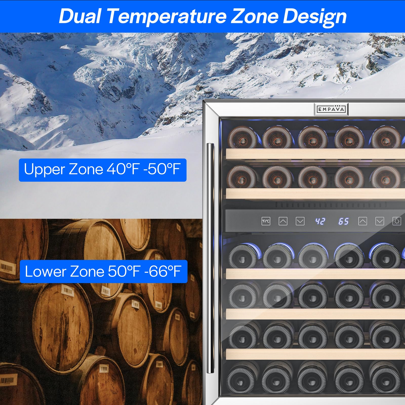 Empava 24" Wine Cooler Refigerator, Freestanding or Under Counter Fridge with Lights, 46 Bottles Capacity Dual Zone, Touch Control, Stainless Steel on Fridge.com