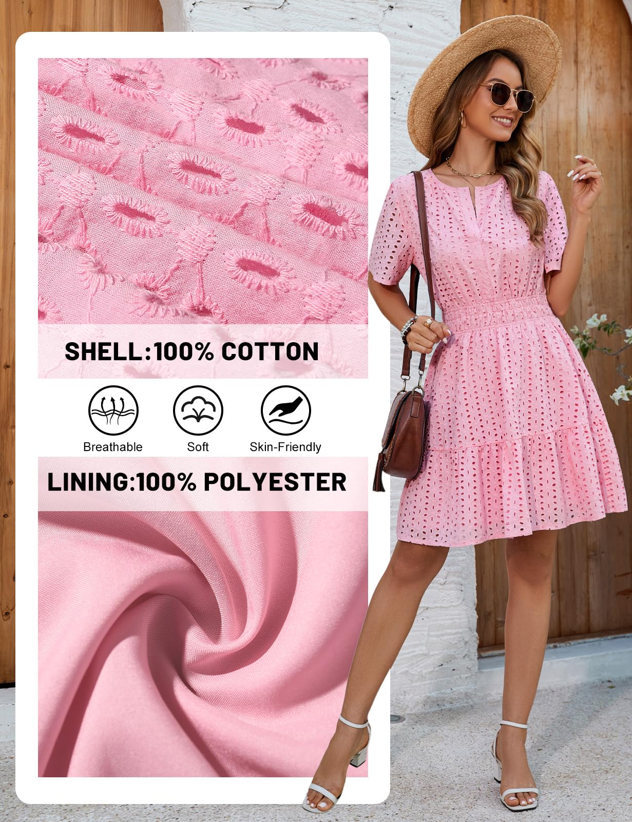 Yuson Girl Robe Femme Ete Robe Boheme Chic et Elegant Robe Short Robes à Manches Courtes de Plage Décontracté Casual Robe Col V Taille Haute Mini Robe