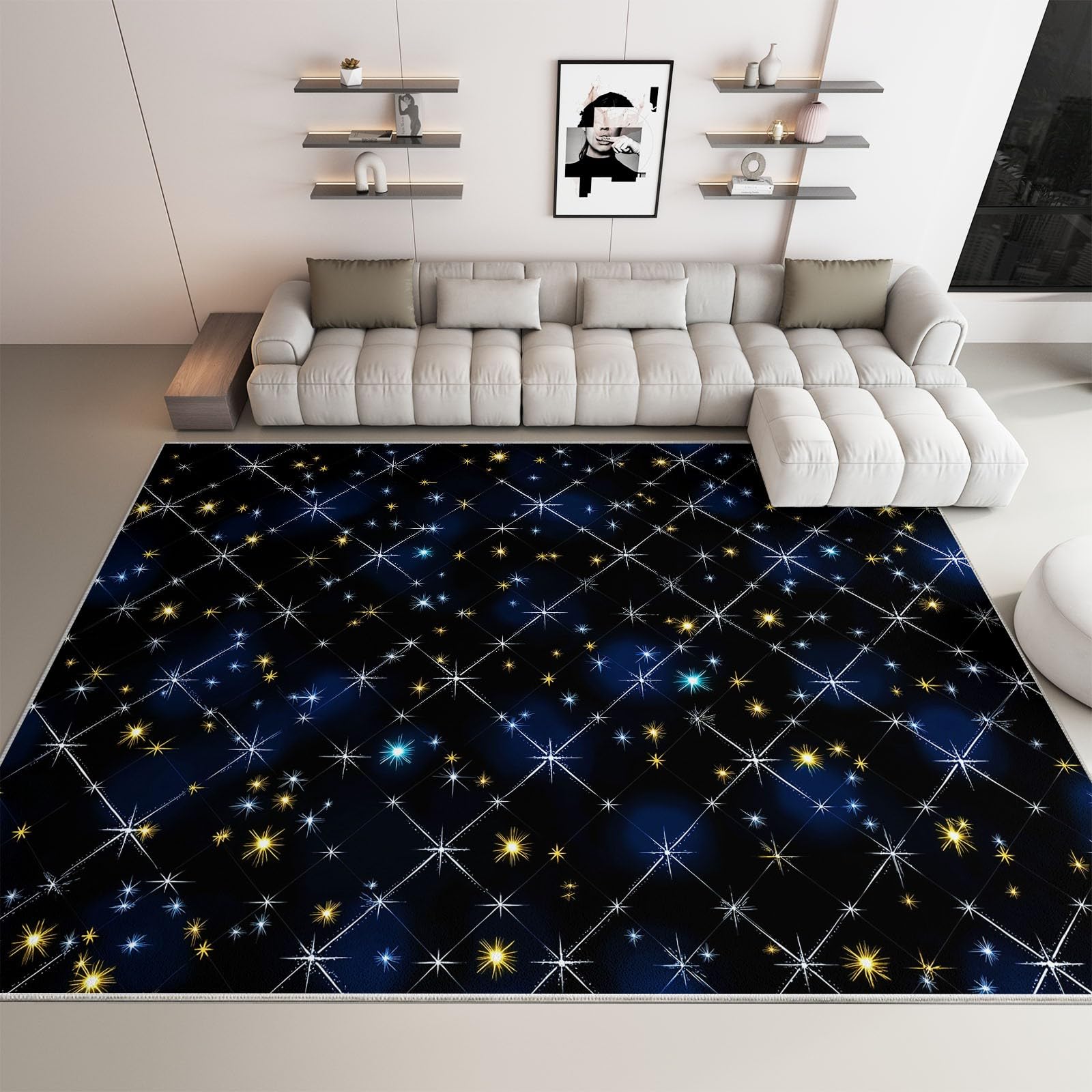 Generisch Waschbare Teppiche Pflegeleicht 90 x 150 cm Schwarz Cartoon Sternenhimmel Sterne Sternenlicht Pflegeleicht Teppich, Eingang Teppisch rutschfest Weich Kurzflor Kleiner Rugs für Flur Korridor