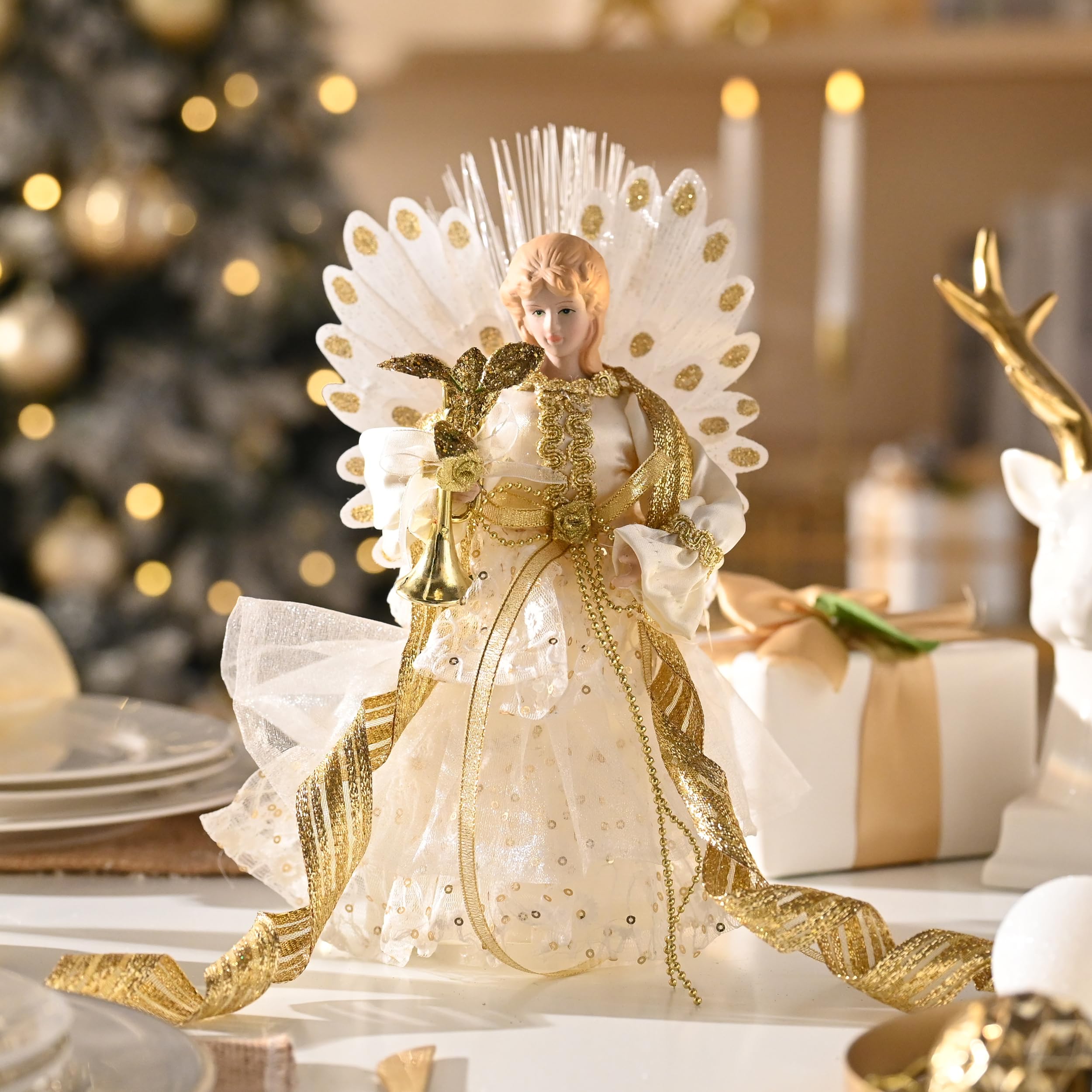 Valery Madelyn 26cm Weihnachtsengel Weihnachtsbaumspitze Weihnahctdekorationen Engel Christbaumspitze mit 10 batteriebetrieben warmen LED-Lichtern Weiß Golde（M）