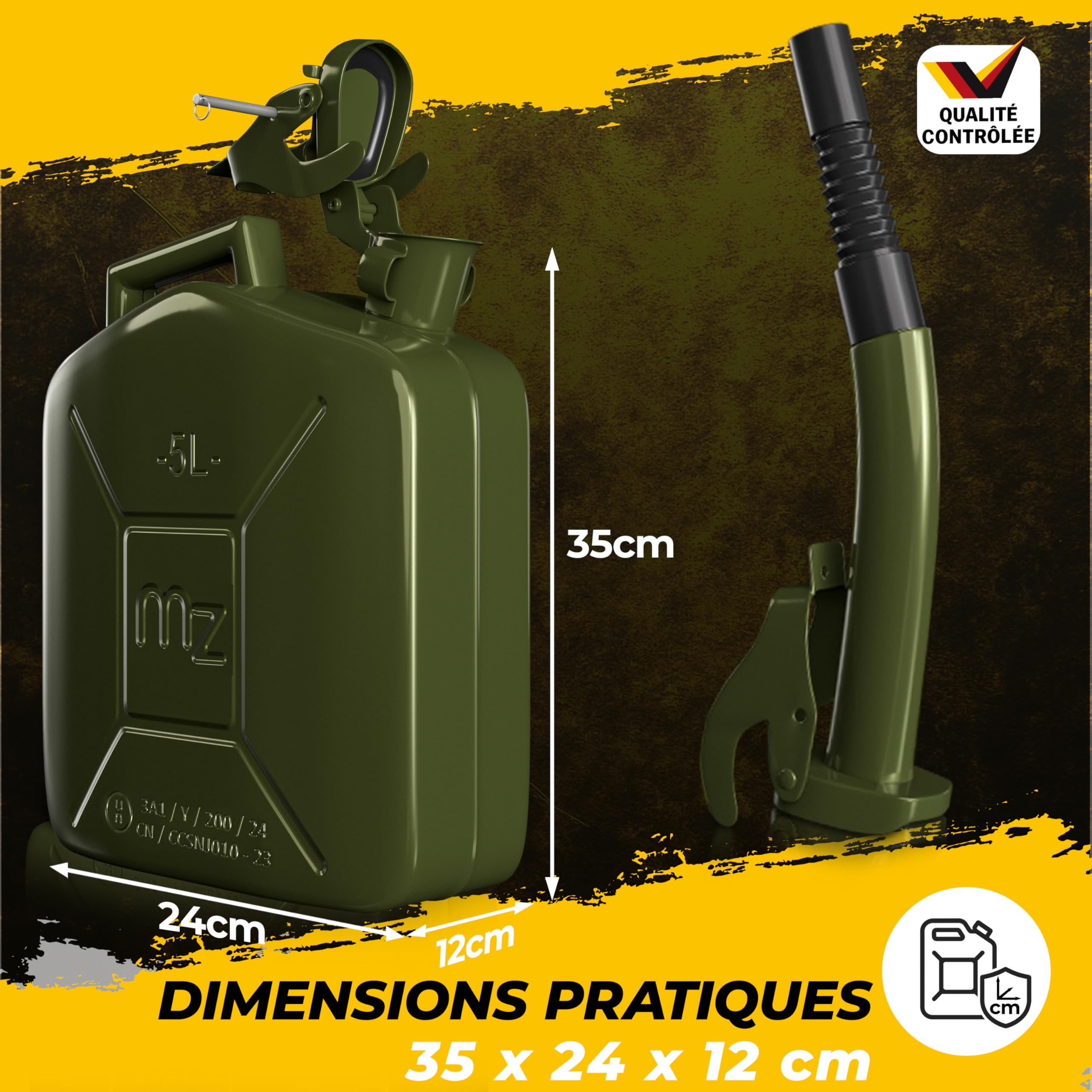 Jerrican en métal 5L Bidon avec bec verseur 24x12x35 cm Liquide carburants