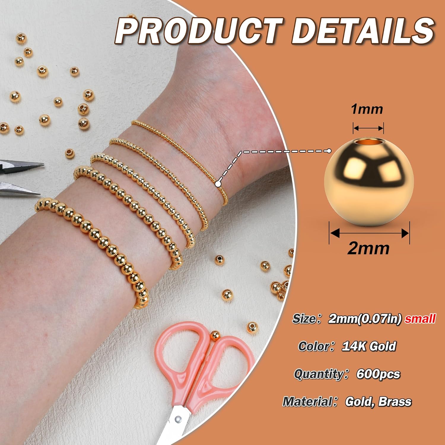 14K 600pcs 2mm Gold Filled Beads for Jewelry Making Small Smooth Round Gold Spacer Beads for Bracelets Non Tarnish Metal Brass for Necklaces Earrings Rings and DIY Craft - Image 2