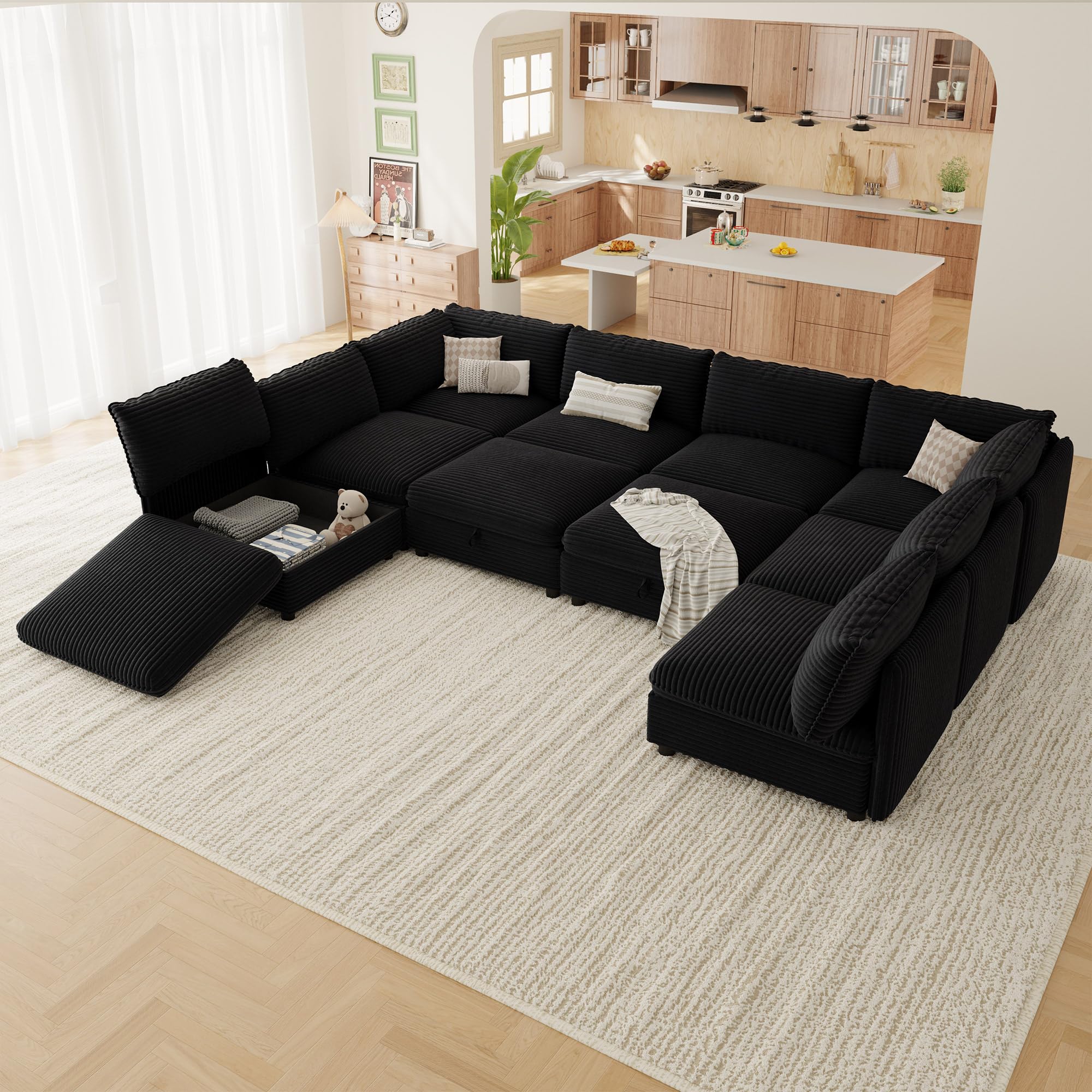 Oversized Corduroy Modular Sectional Sofa Bed with Hidden Storage Convertible L U Sleeper Couch 10-Seat Modular Sofa Free