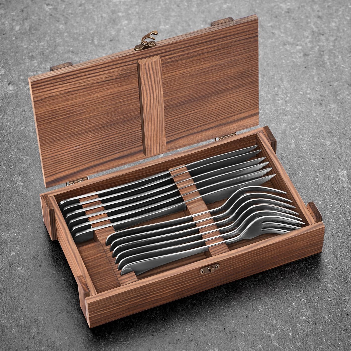 Maverton Set Posate in Scatola Legno di Pino - Portaposate 6 Coltelli e 6 Forchette - Scatola regalo Personalizzata - Idee regalo donna compleanno o regali coppia - 26x16,5x6