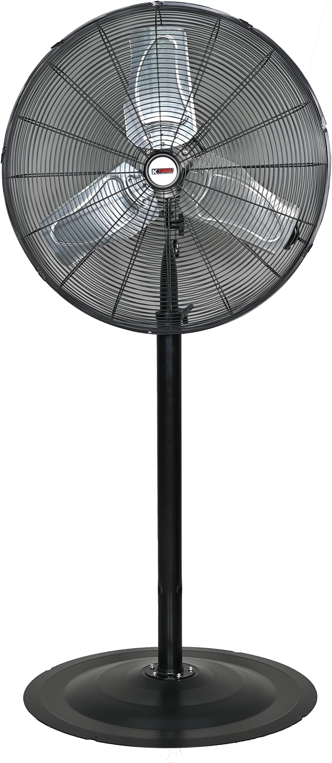 K Tool International 77723; Outdoor Waterproof IPX4 Rated Industrial Pedestal Fan, Non-Oscillating 24" Fan with Adjustable Height Stand and Aluminum Fan Blades, 3-Speed Control, 7,435 Max CFM, Black