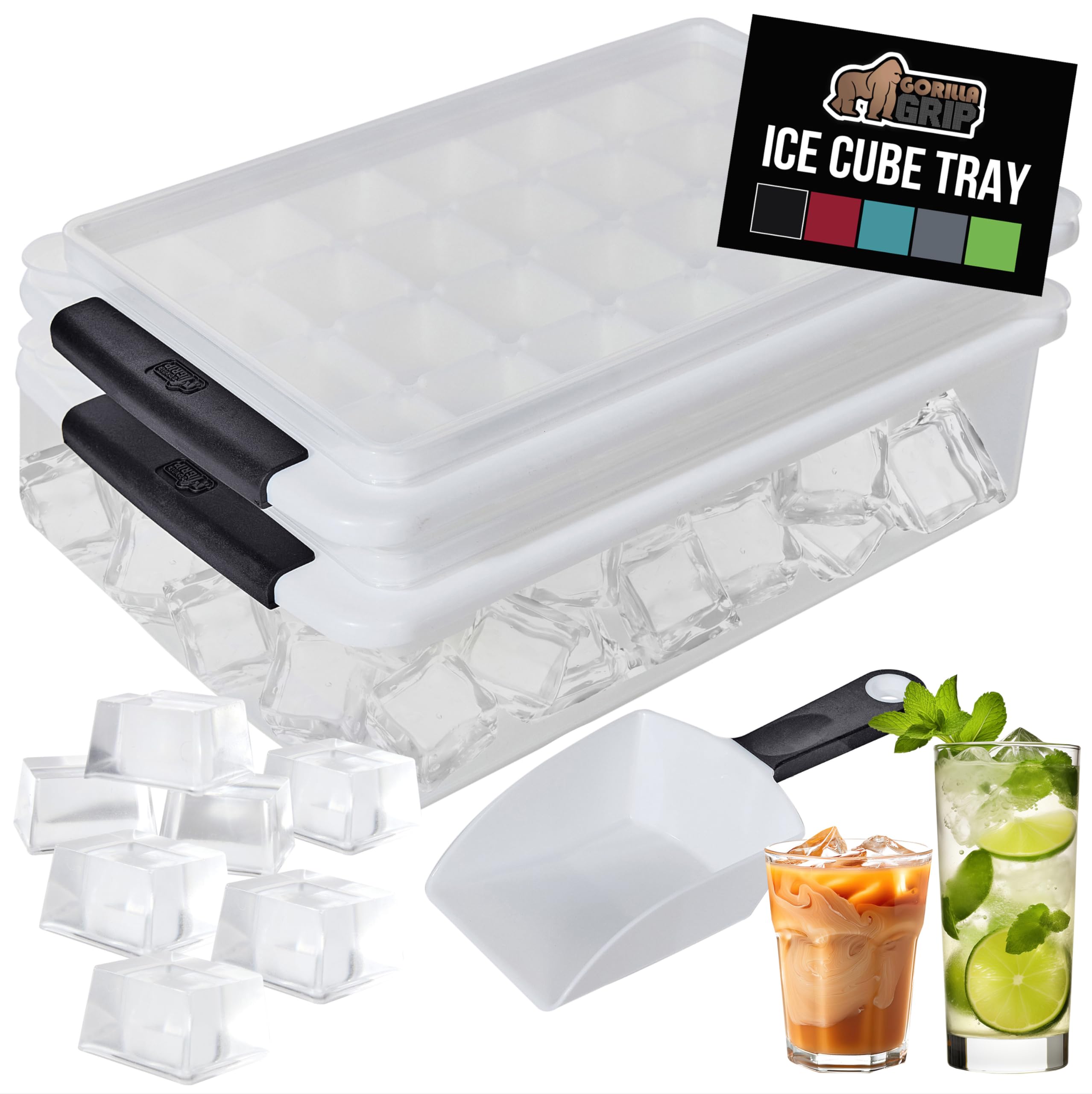 GORILLA GRIP Stackable Ice Cube Tray and Bucket Set for Freezer, Includes 2 Trays with Lid and Scooper, Easy Release, Makes 56 Cubes for Cocktail Soda Coffee, Leak Proof Bin Kit, Kitchen Tools, Black