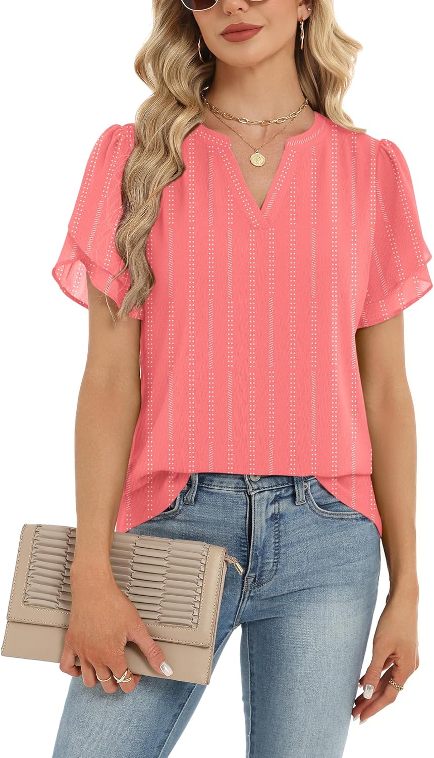 Zeagoo Womens Dressy Casual Shirts Short Sleeve V Neck Work Blouse Business Casual Summer Chiffon Tops - Image 5