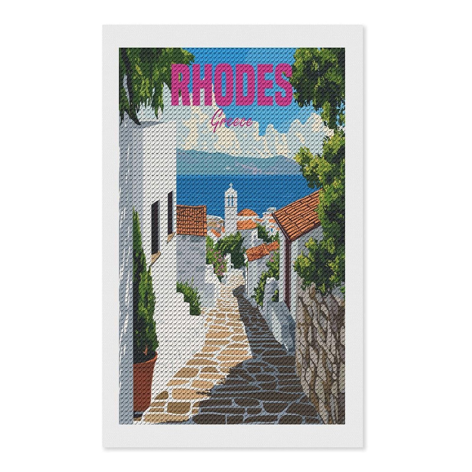 Junmoney Rhodes Greece Travel DIY Diamond Art Canvas Kit 12"x20", for Teens, Finish and Display, Holiday Gift Idea, Vintage Style Decor