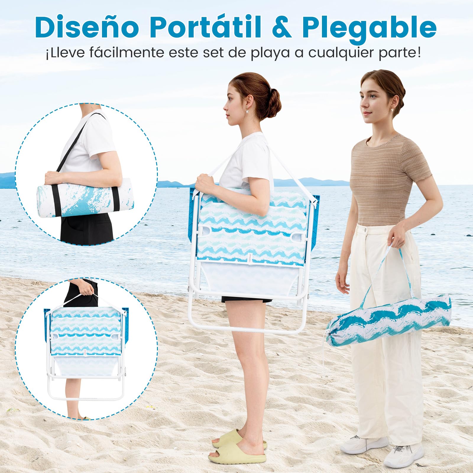GOPLUS Conjunto de Playa de 4 Piezas, φ 190 Sombrilla con Inclinación Ajustable, 2 Sillas Plegable con Bolsa de Almacenamiento y 1 Manta, Bolsa de Transporte, Juego para Picnic, Camping (Azul)