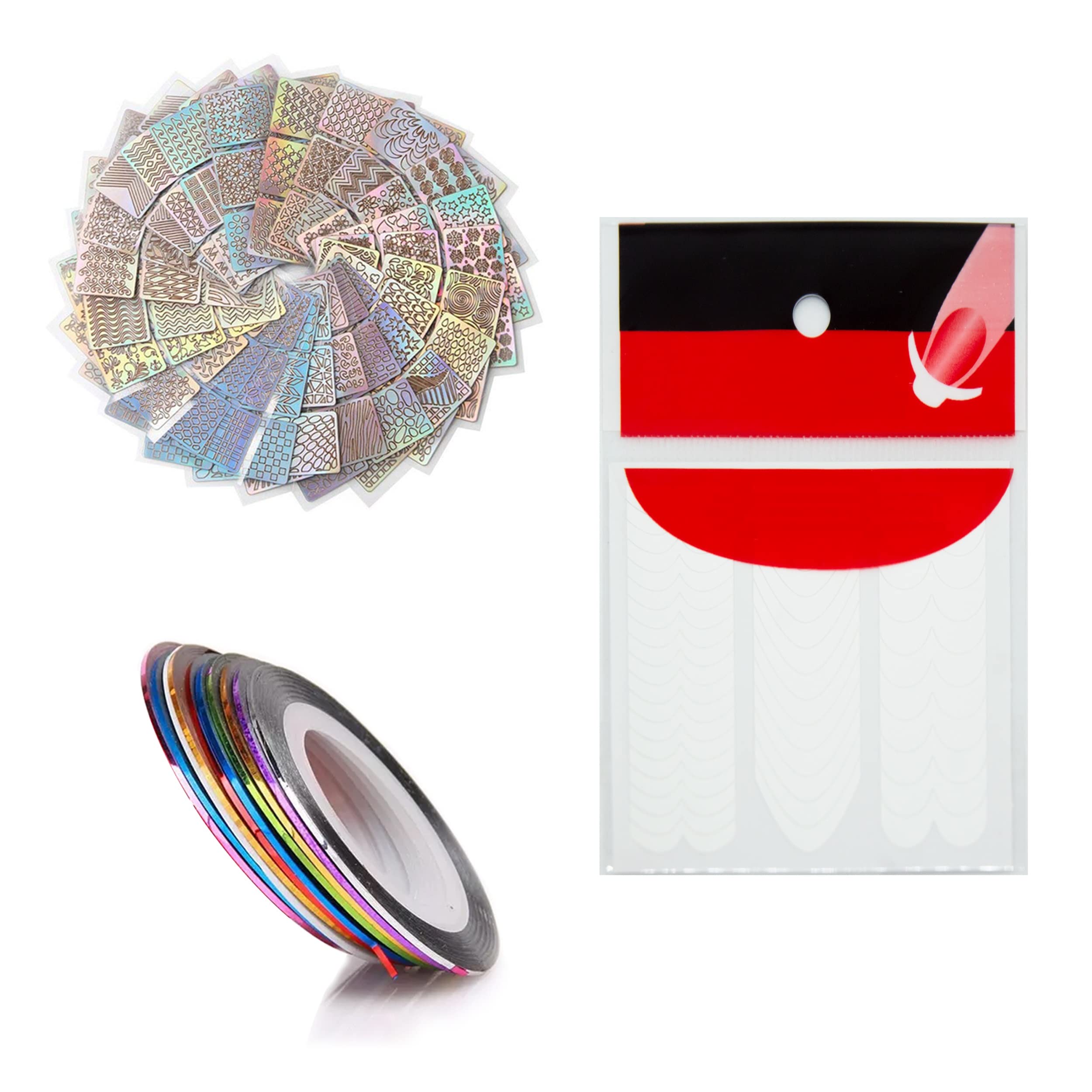 10 rolls self adhesive nail striping tape line, 10 sheets of manicure tip guide nail art stickers of random design, 24 (144 design) sheets nail art stickers, for nail art & nails decoration