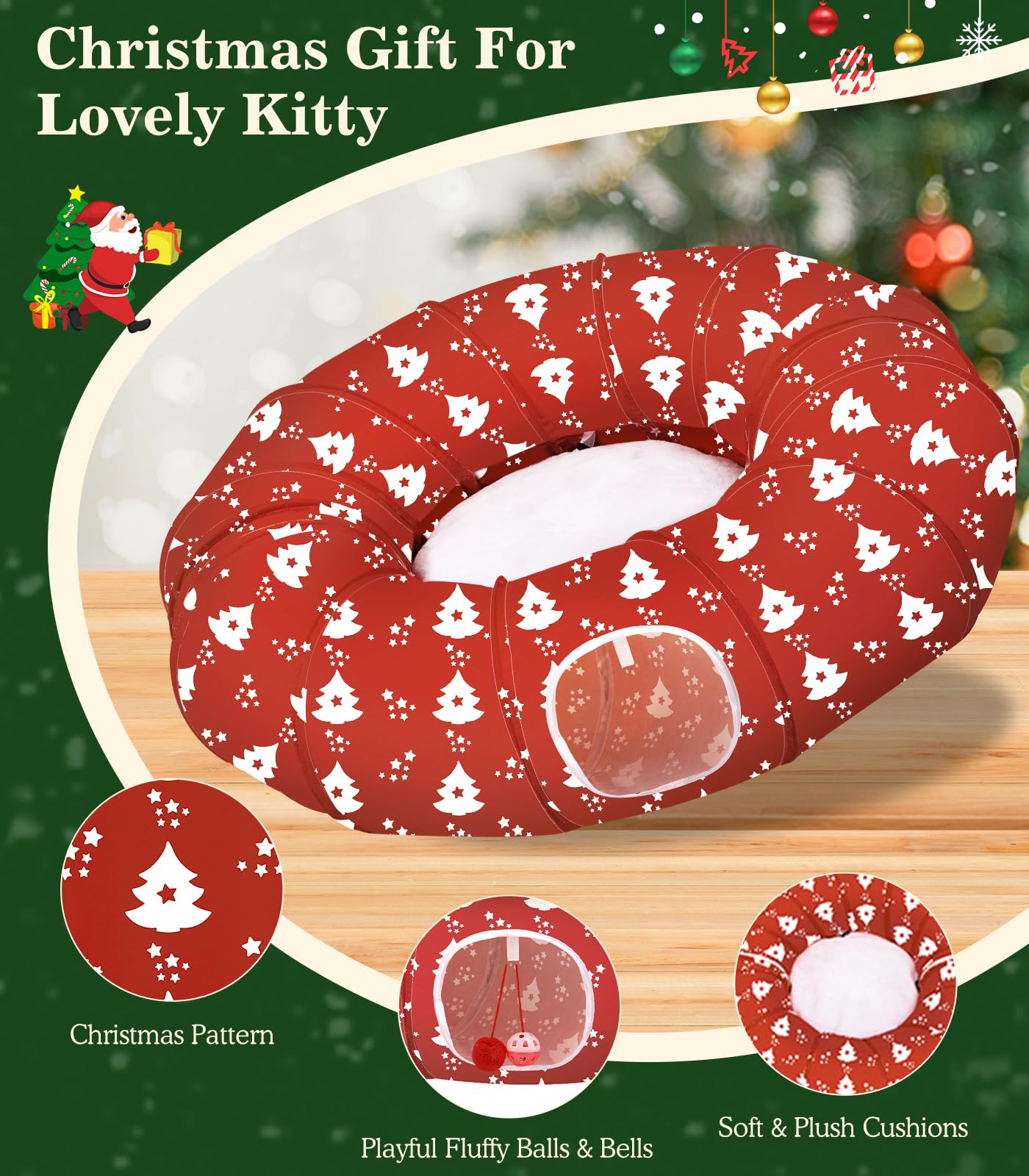 Pawaboo Letto a Tunnel per Gatti sotto L'Albero di Natale, 35,4" Tunnel Giocattolo per Gatti a Cerchio con Palla, Tunnel Decorativo Natalizio Pieghevole a Tubo per Gattini (Albero di Natale Rosso)