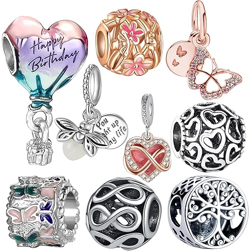 9 Pack Silver Spacer Beads Charms fit Pandora Bracelet CZ Pendant Set