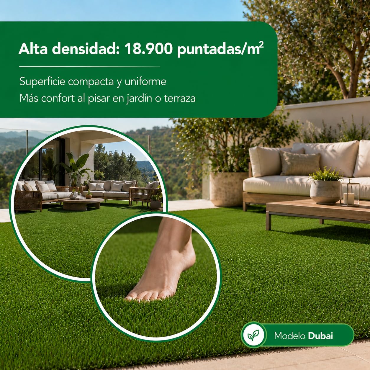 Césped Artificial DUBAI 40 mm | Rollo 1x5 m |Natural y Realista | Resistente UV | Hilo en Forma de C | Reciclable y No Tóxico | Alta Densidad 18.900 Puntadas | Drenaje 800 l/h/m²