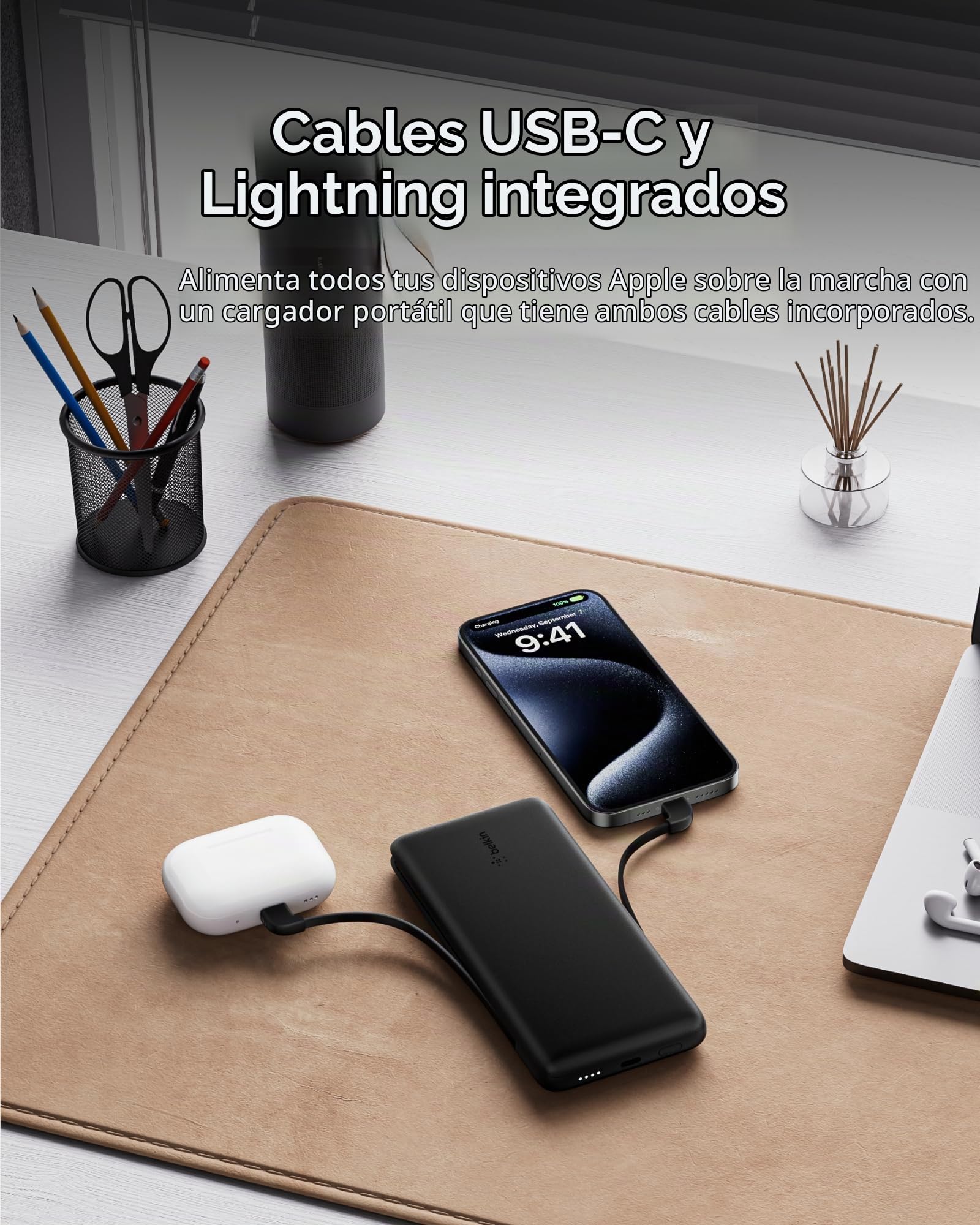 Belkin BoostCharge Plus cargador portátil batería externa 10K (10 000 mAh con cables integrados Lightning MFI y USB-C y un puerto USB-C adicional, para iPhone 16 serie y modelos anteriores), negro