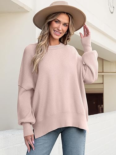 Miniatura 5 de ANRABESS - Suéter de cuello redondo para mujer, diseño holgado de punto acanalado, manga larga tipo murciélago, con aberturas laterales, sin