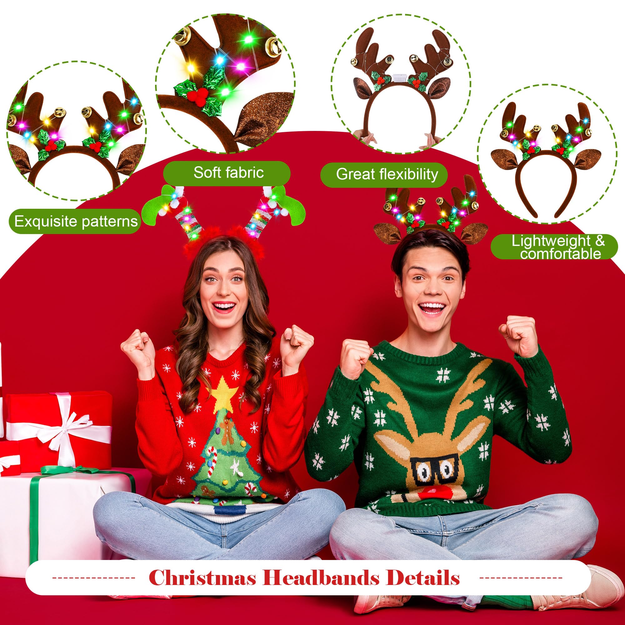 Aodaer Lot de 6 bandeaux de Noël à LED assortis pour sapin de Noël et renne