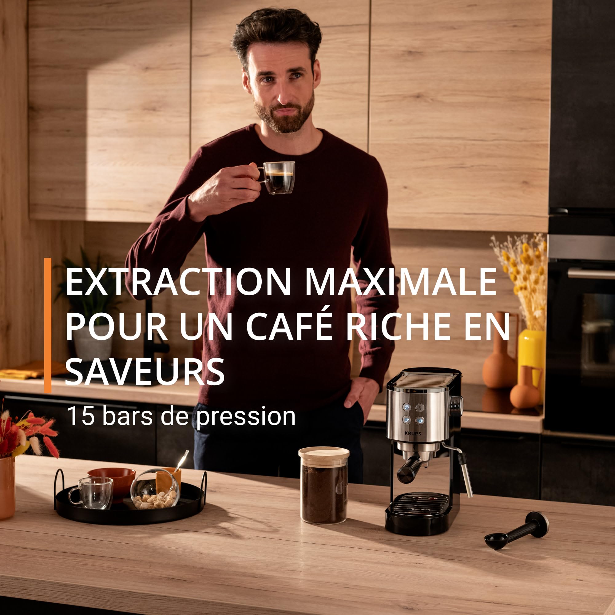 KRUPS Machine expresso manuelle, design compact, espresso et cappuccino, 15bars, buse vapeur, Virtuoso Essential, XP441810, Silver