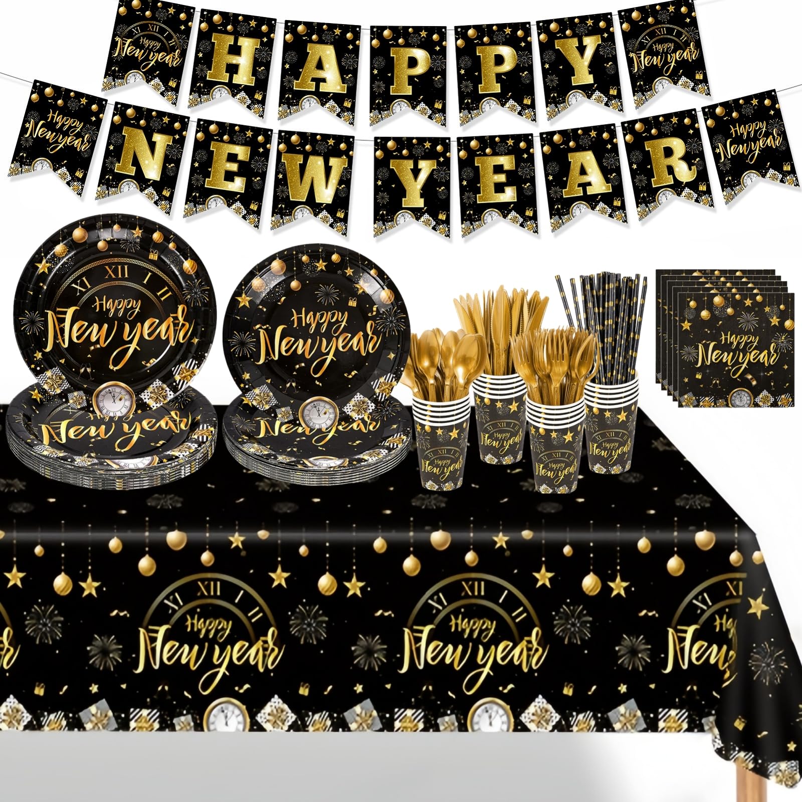 162 Pcs New Years Eve Party Supplies 2026 Happy New Year Disposable Tableware New Years Paper Plates, Cups, Napkins, Banner and Plastic Tablecloth for
