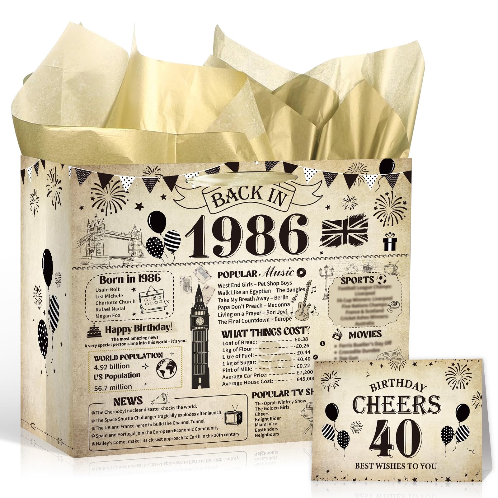 Eiapadeor 40th Birthday Gift Bag - Vintage Back in 1986 Birthday Decorations for Women Men, Large Wrapping Bag with Handle Tissue Paper Greeting Card, 40 Year Old Birthday Party Decor Supplies