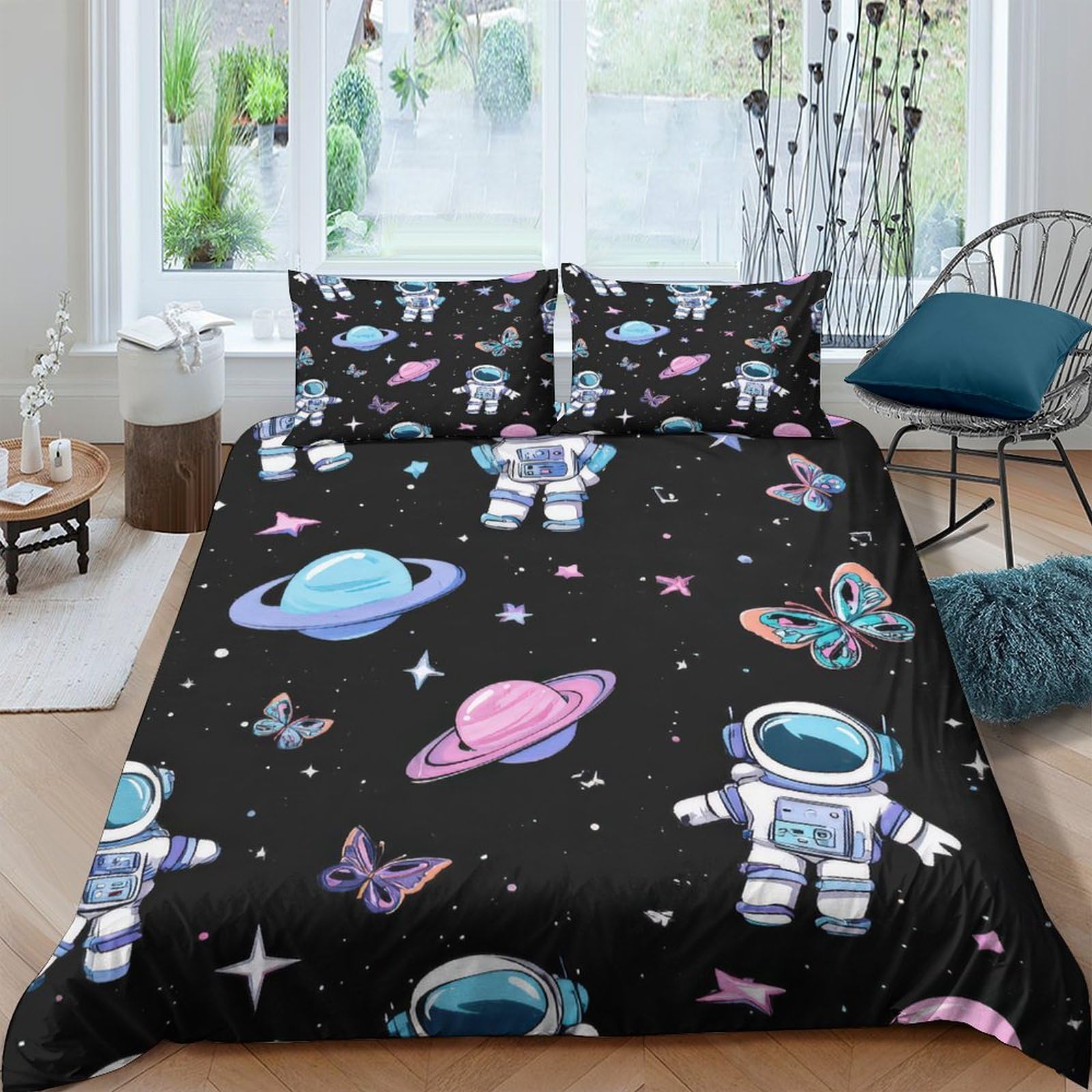 Ctjqhvkz Style-6 3D Printed Astronaut Space Fitted Sheet Microfiber Black Planet Butterfly Mattress Cover Bedroom Decor Dustproof Easy Care Single（135X200cm）