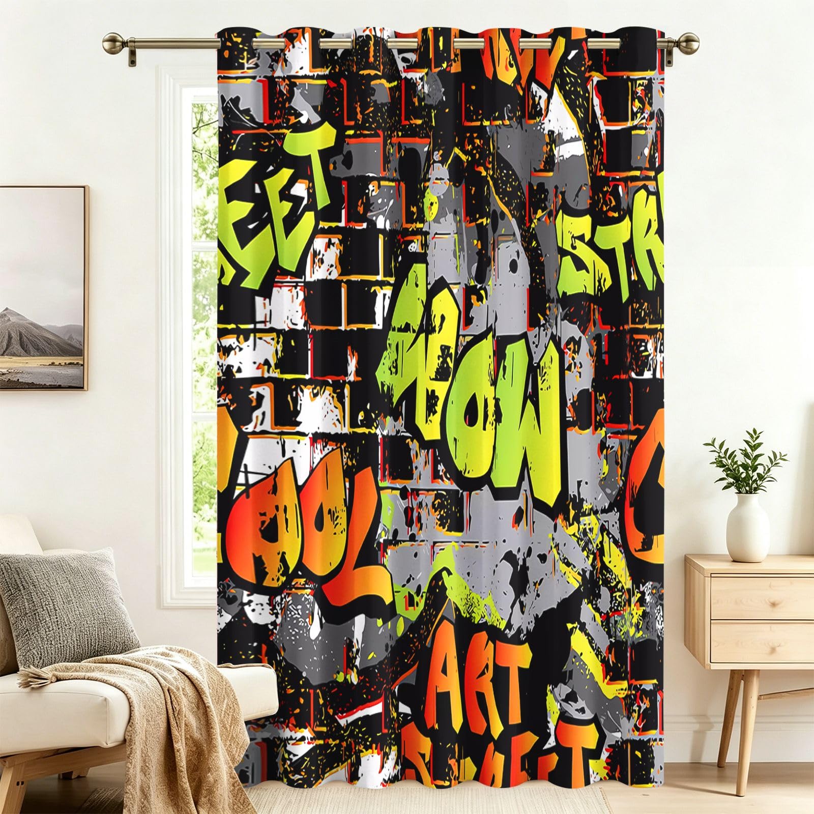 Fadaing Scribble Letter Curtains with Eyelets, Thermal Curtain, Heat Protection, 137 x 132 cm, Door Curtains, Heat Protection, Outdoor, Cold Protection, Bedroom, Living Room, Window Decoration, Pack