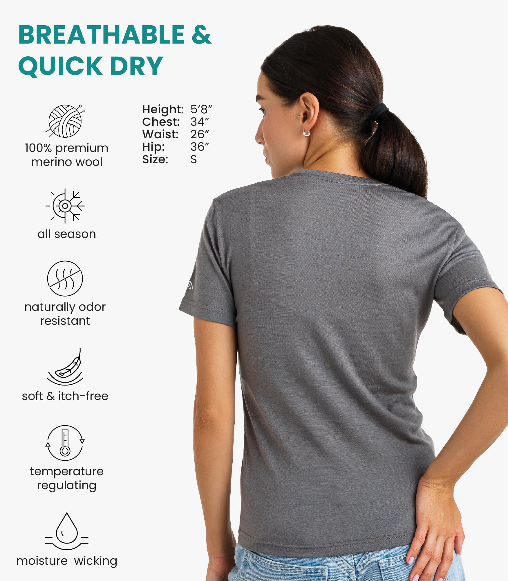Merino.tech 100% Merino Shirt Damen Wandern - Merinowolle Tshirt Damen Kurzarm - Sport Thermo Unterhemd - Natürlich Weich Unterwäsche (X-Small, Perfect Gray Crewneck)
