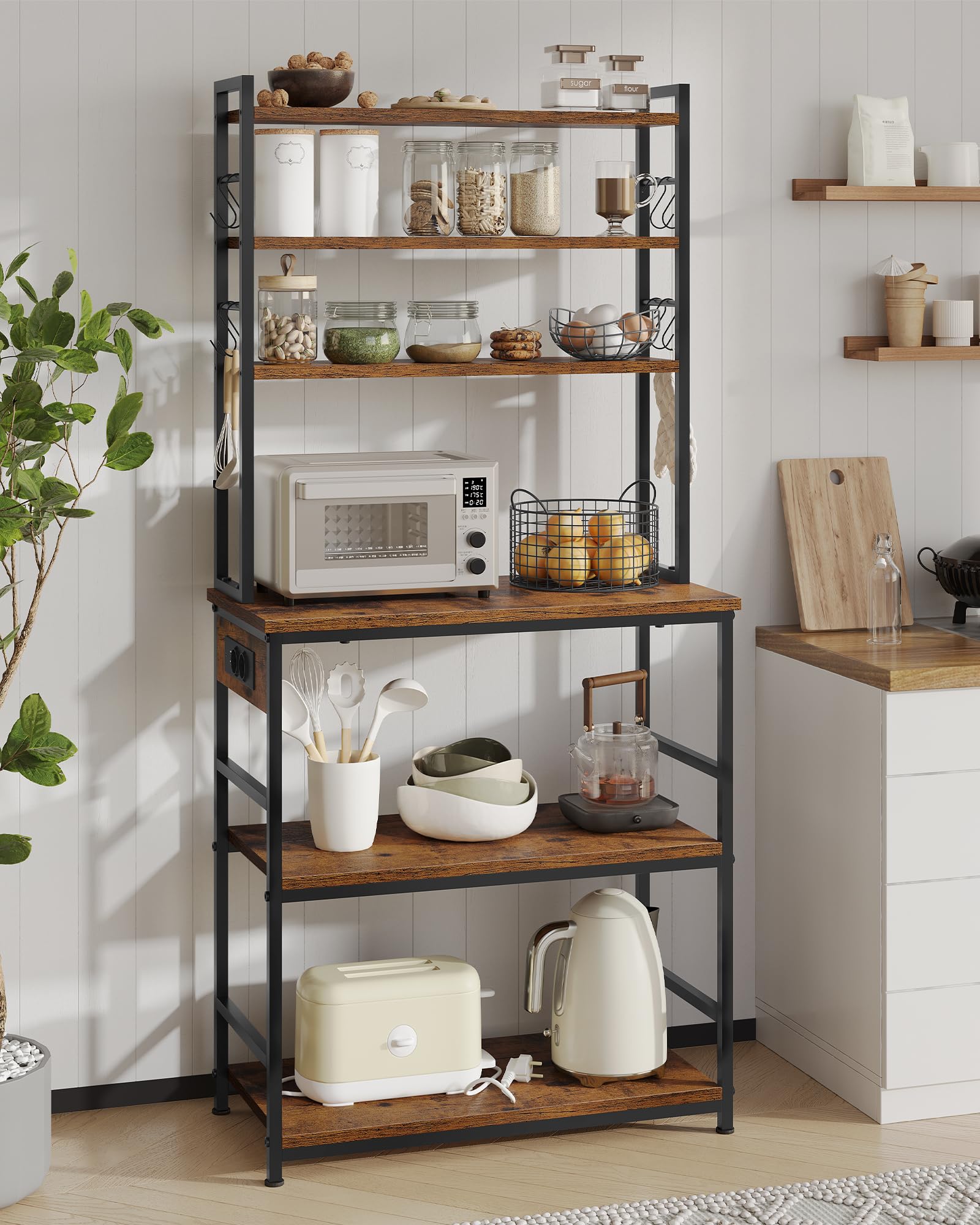 Estantería para panadería, Estante de Cocina, Estante de Panadería con LED, Estante de Pie con Enchufes, Mueble para Microondas, 8 Ganchos en S, para Pasillo, Cocina, Salón, 40 x 80 x 174 cm, Marrón