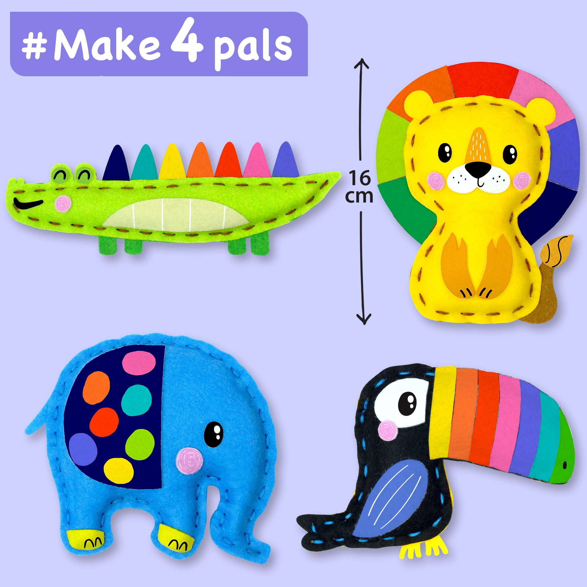 EZCRA Sewing Kit for Kids Ages 4-8, 8 Safari Animal Felt Craft Projects, No-Mess Beginner Stitching Kit with Stickers & Tools - Image 2