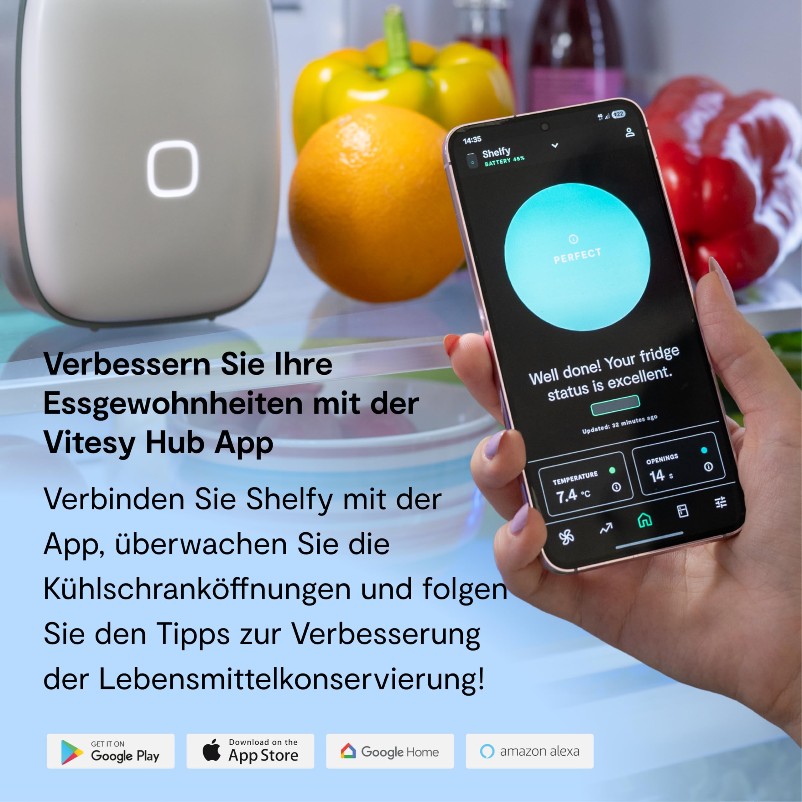 VITESY SHELFY NEUES Smart-Device für den Kühlschrank Weiß Matt | Hält Lebensmittel länger frisch & reduziert Food Waste | Neutralisiert Gerüche | IoT-Technologie | Photokatalytischer Filter
