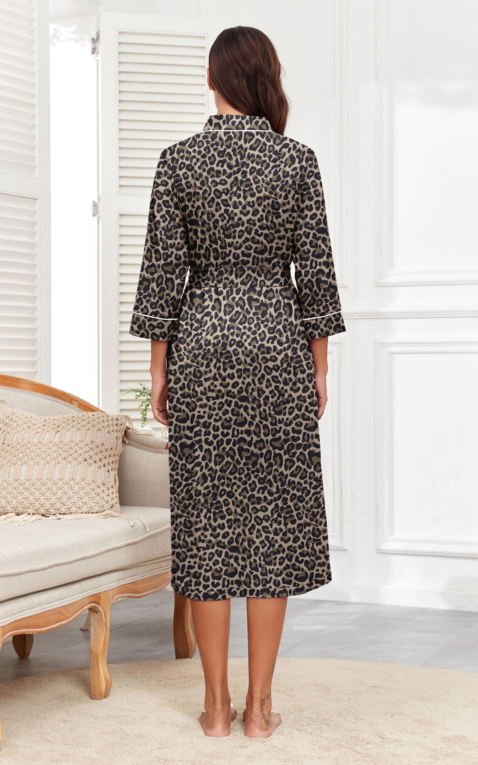 PrinStory Bademäntel Damen Leichter Kimono Roben 3/4 Ärmeln Damen Morgenmäntel Lange Nachtwäsche Lässig Loungewear Saunamantel