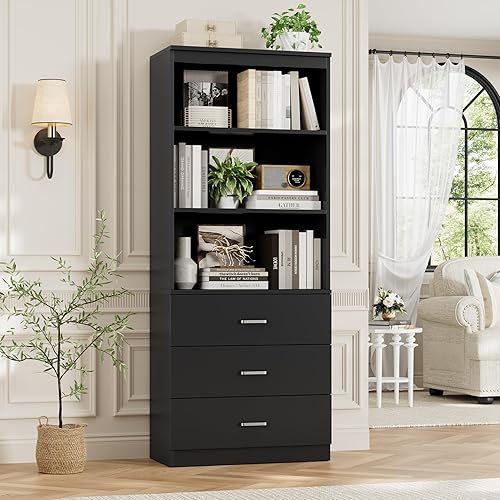 FOTOSOK 71“H Black Bookshelf with Drawers, Bookshelf and Bookcase with 3-Tier Open Shelves, Tall Bookcase Tall Storage Cabinet for Home Office - Black