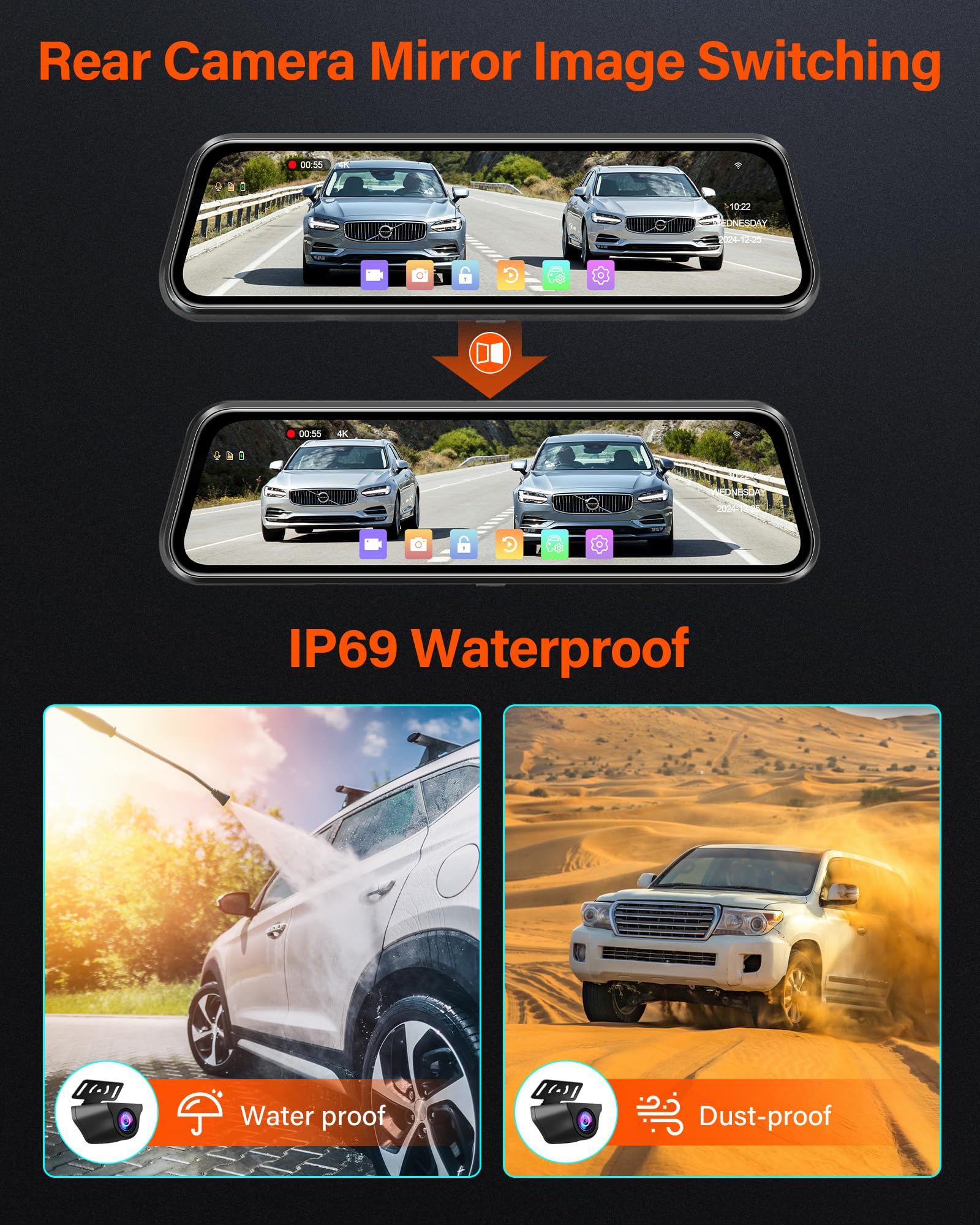 4K Spiegel Dashcam Rückspiegel Kamera Rückfahrkamera Spiegel Auto Kamera mit 10" IPS-Touchscreen Dashcam Auto Vorne Hinten 170° Weitwinkel WDR Loop-Aufnahme G-Sensor