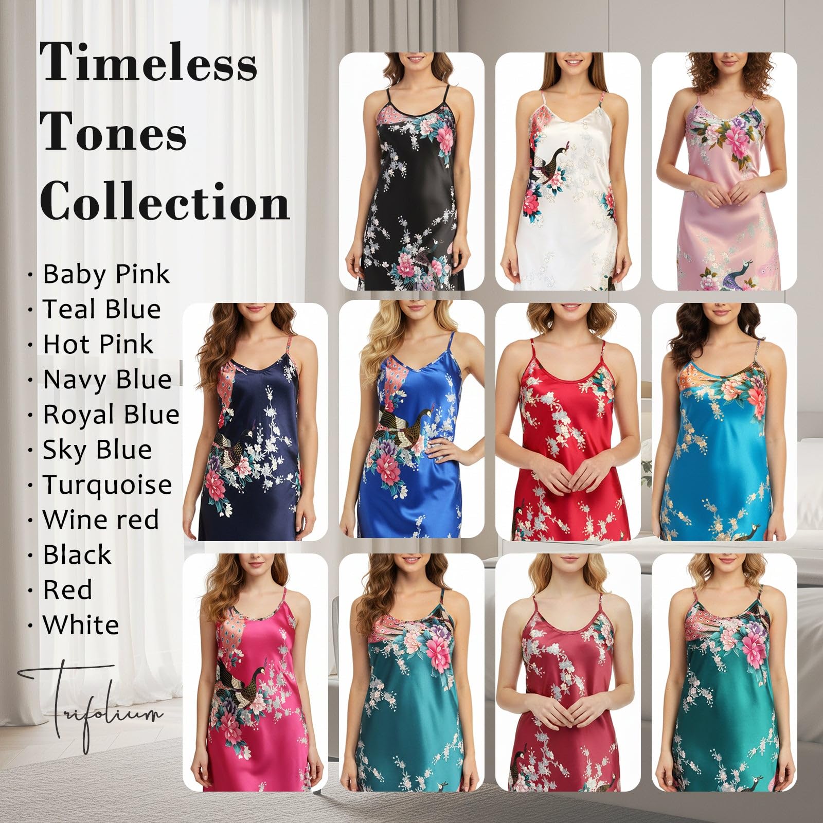 Trifolium Kimono Robe And Chemise Silky Peacock Satin Nightgown Bathrobe Wedding Negligee Nightdress — view 5