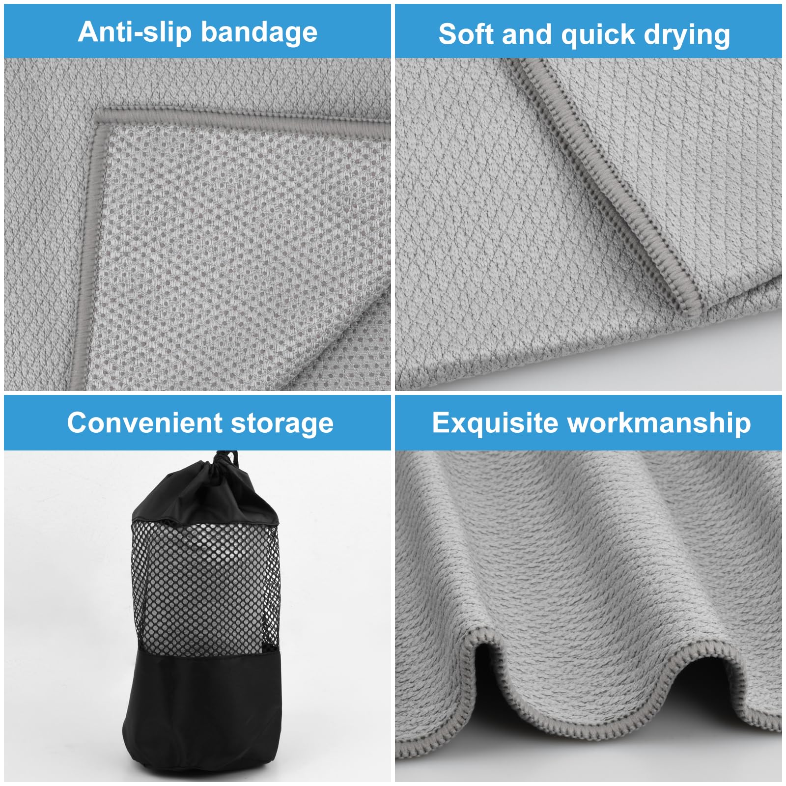 Antidérapante Serviette de Tapis de Yoga avec Sac de Transport en Filet, 183cm x 63cm Microfibre Couverture pour Yoga Sport (Bleu)