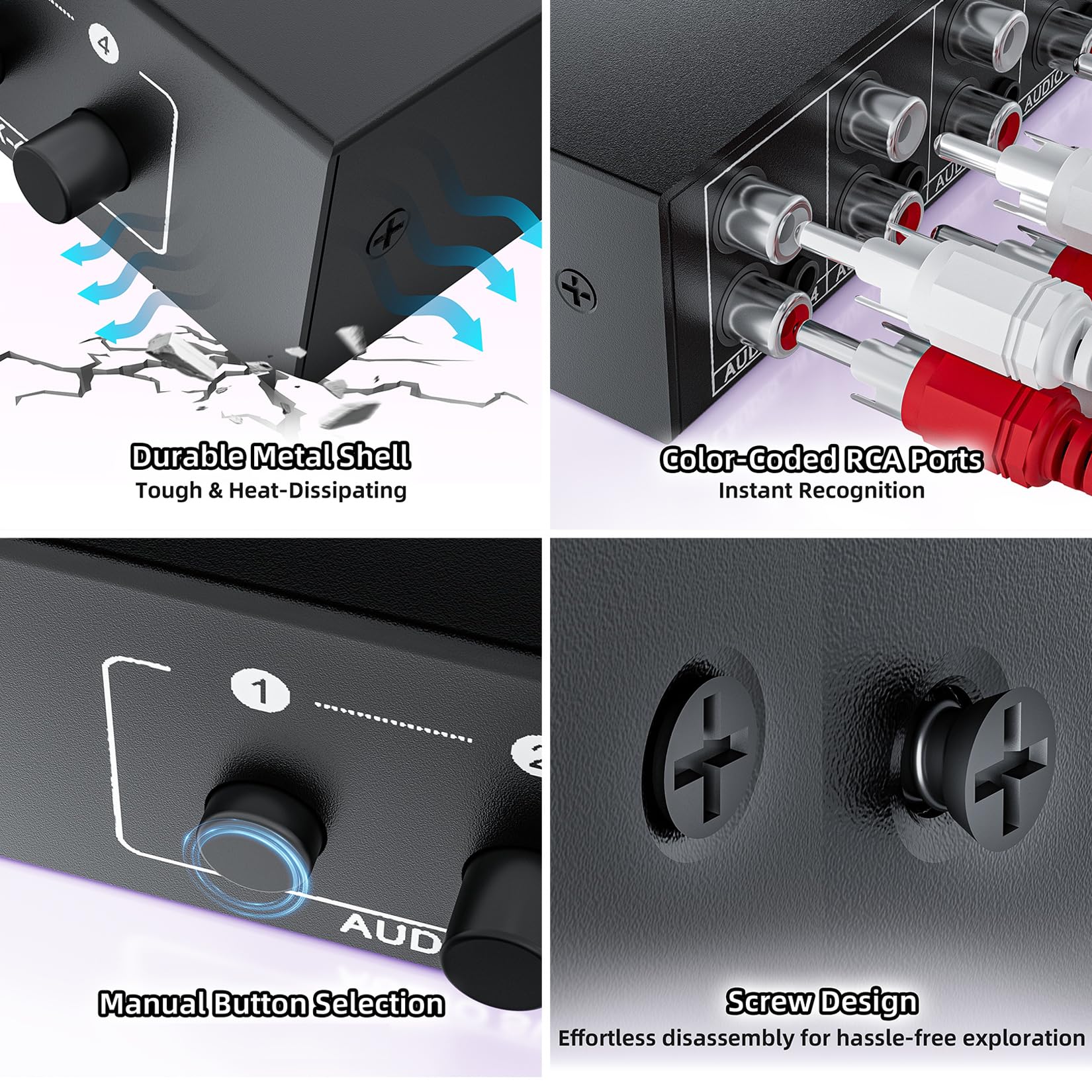 BolAAzuL - Divisor de audio auxiliar de 3,5 mm + RCA L/R, 1 en 4 salidas, caja distribuidora de audio estéreo de 4 canales de 4 canales para reproductor de DVD, consola de juegos, auriculares, altavoz
