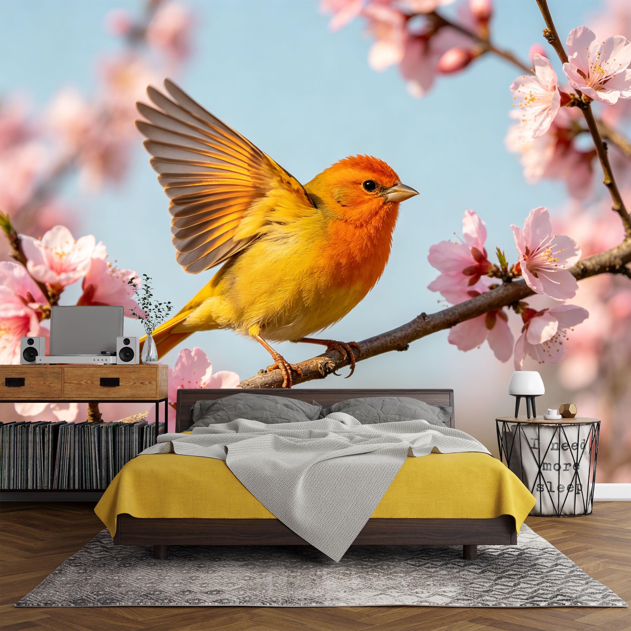 Custom Size Wall Mural Vibrant Orange Bird Peach Blossom Botanical Watercolor SelfAdhesive Art Prints wall Fabric（No PVC） Removable Wallpaper Living Room Decor