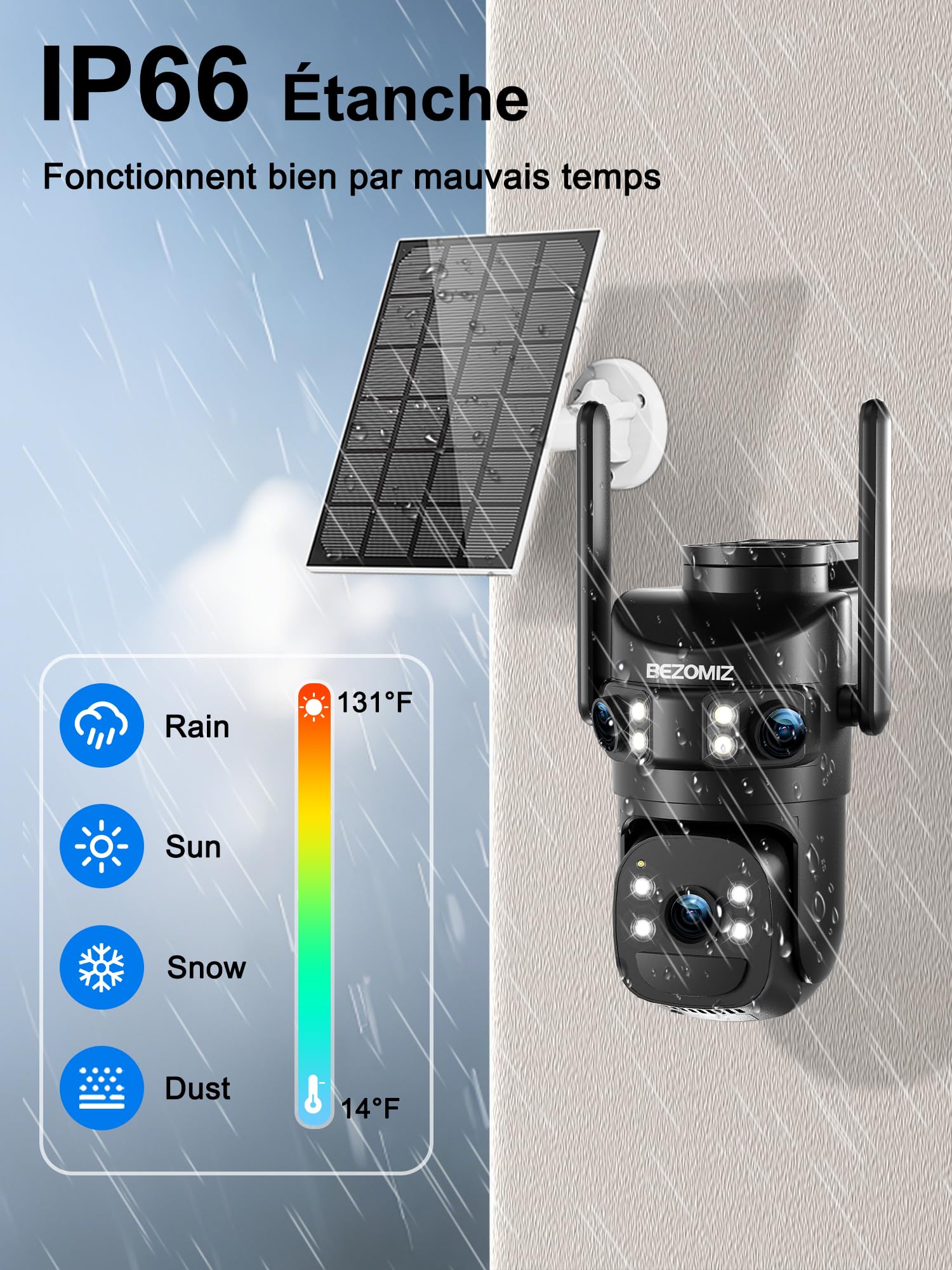 4K Caméra Surveillance WiFi Extérieure à triple objectif,2.4/5G WIFI,360° PTZ Camera Solaire,12MP Détection Humaine,avec Batterie,Suivi Automatique,Vision Nocturne Couleur,Étanche,Audio Bidirectionnel