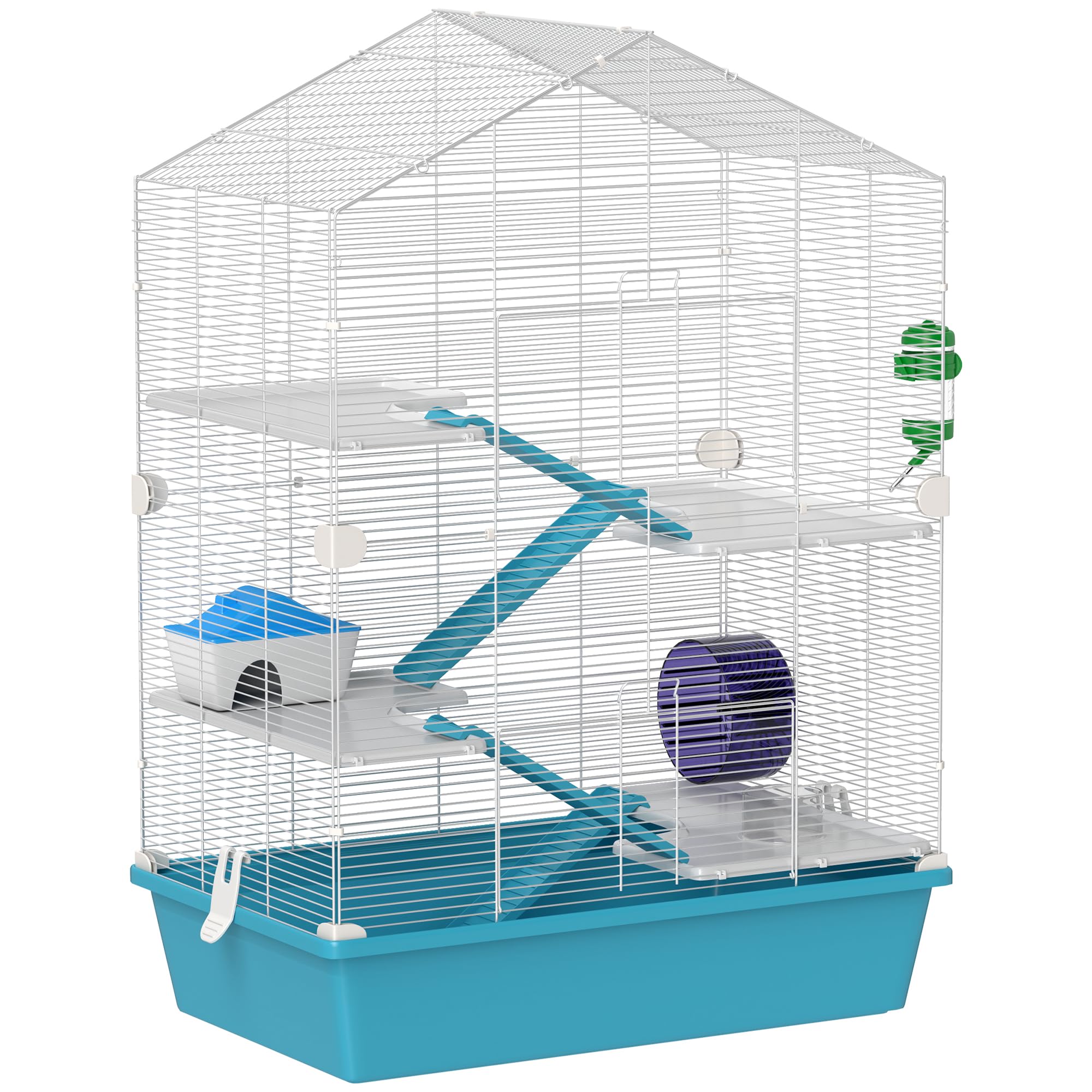 PawHut Jaula para Hámster de 5 Niveles Casa para Animales Pequeños con Plataformas Cuenco Bebedero Casita Rampas y Rueda de Ejercicio 58x36x81 cm Azul Claro