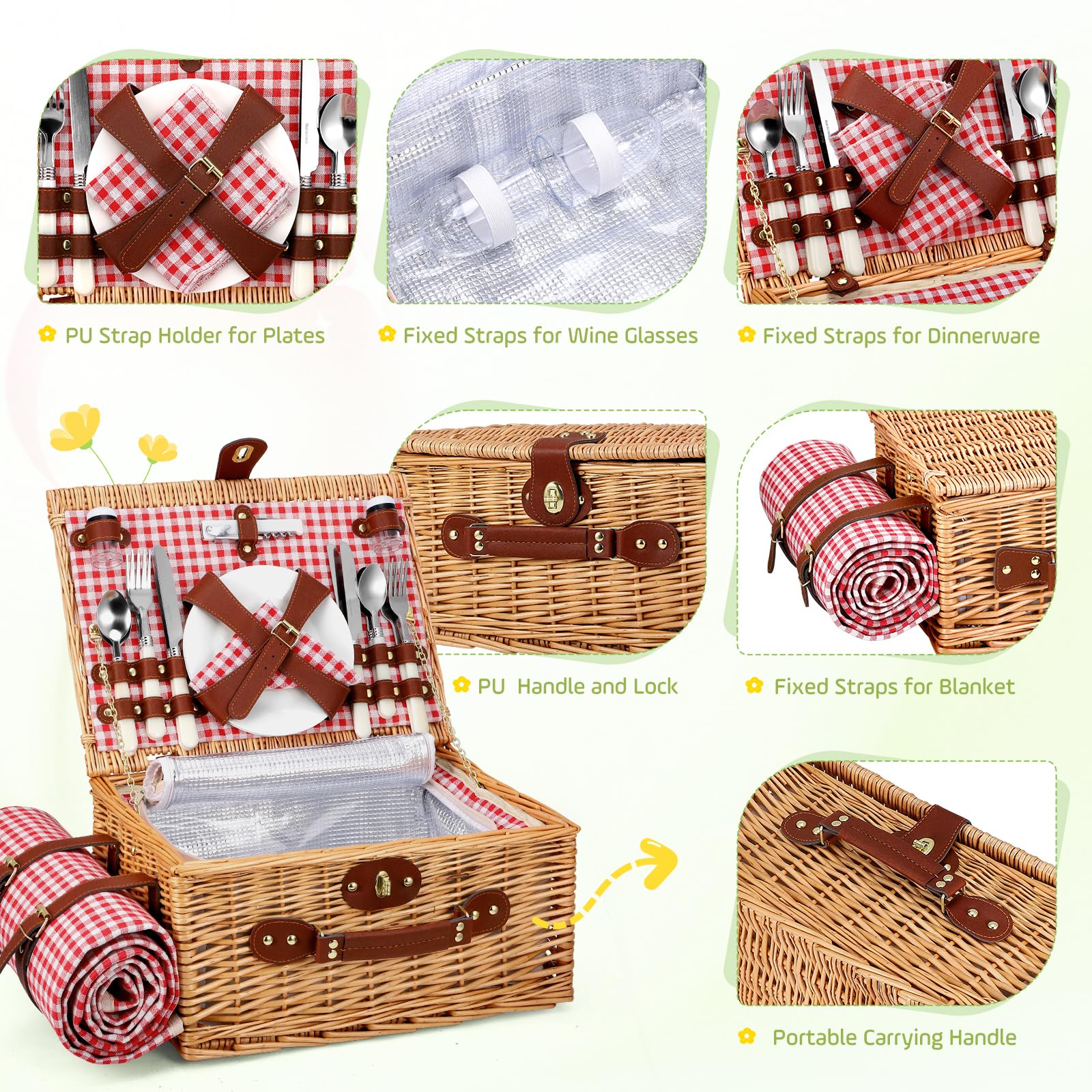 Cesta de Picnic Mimbre para 4 Personas, Cesta Trenzada a Mano con Aislamiento Integrado y Manta Impermeable – Set Completo con 4 Cubiertos, Platos, Vasos para Camping Playa jardín
