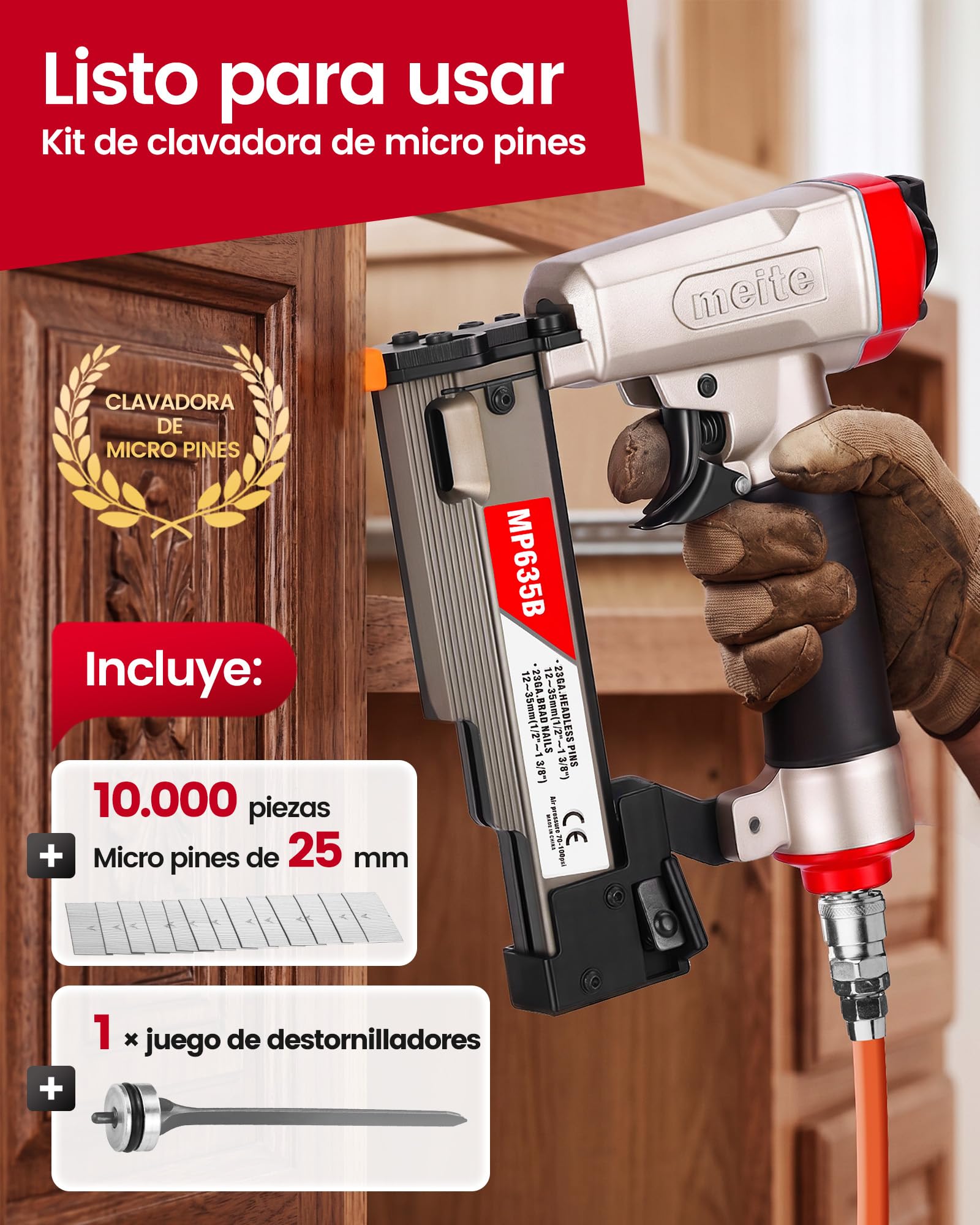 meite MP635B Clavadora Neumática de Clavos 23GA con 10.000 Clavos Pin, Pistola de Púas Neumática 23GA para Clavos Pin de 12-35 mm, Ideal para Molduras Finas, Paneles y Manualidades