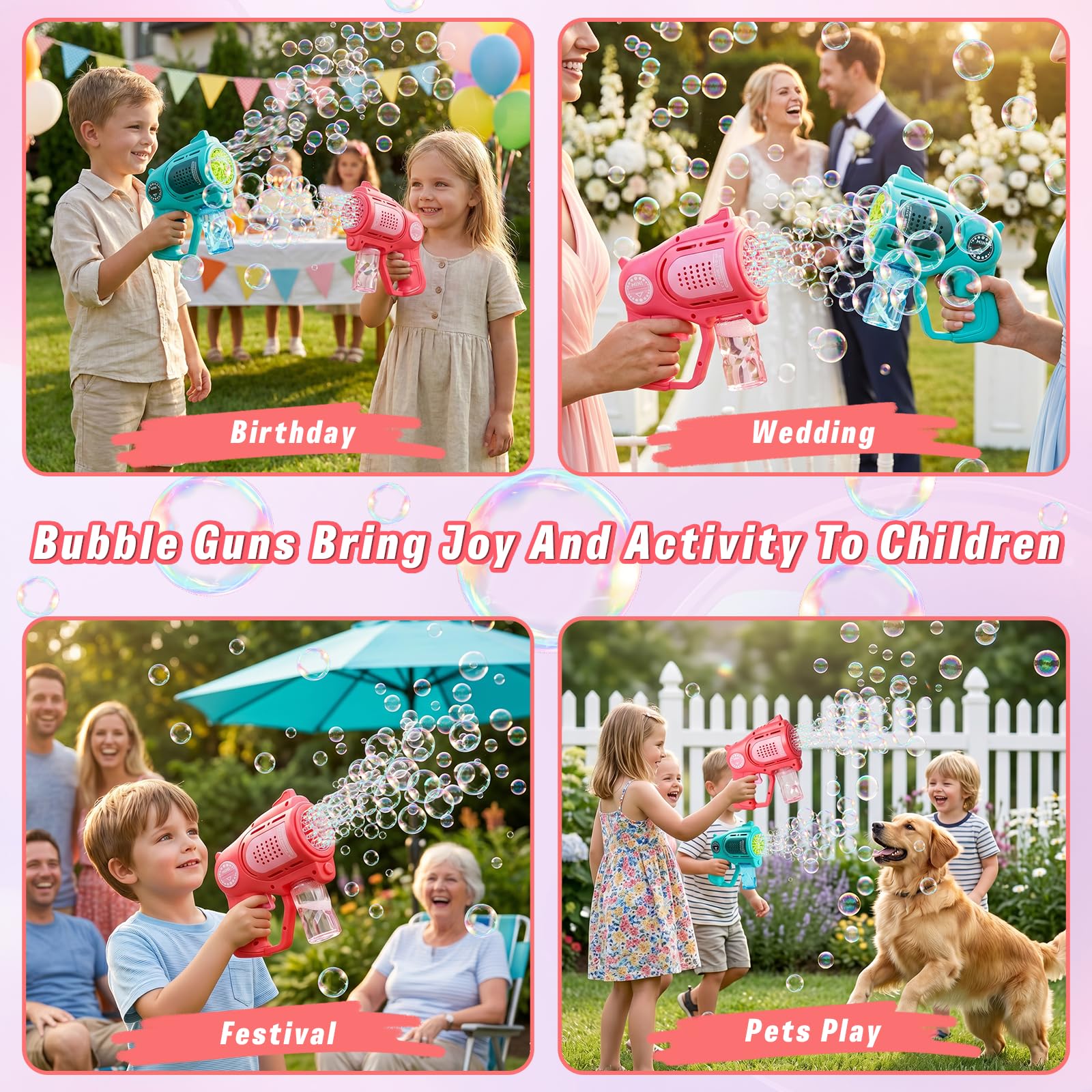 2 Piezas Pistolas de Burbujas para Niños, pompas de jabon niños con 2 x 100ml Solución de Recarga de Burbujas e Lámpara LED, Juguete de Verano para Actividades al Aire Libre, Fiestas y Bodas